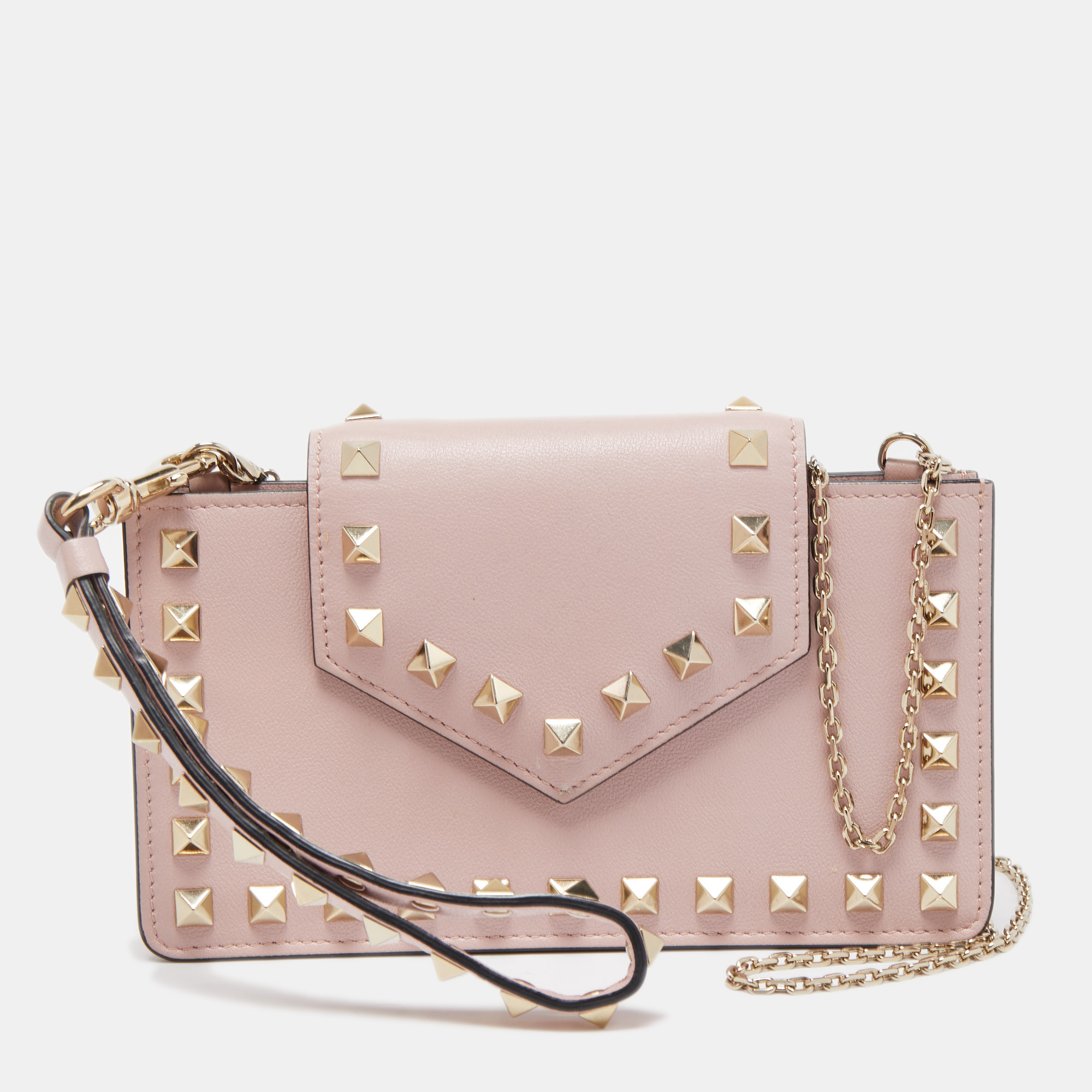 Valentino Light Pink Leather Rockstud Flap Phone Case with Chain