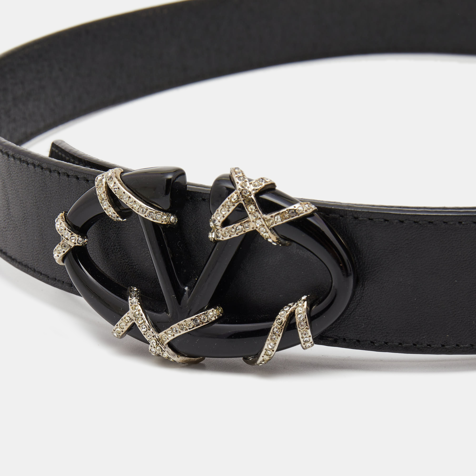 

Valentino Black Leather VLogo Crystals Buckle Belt