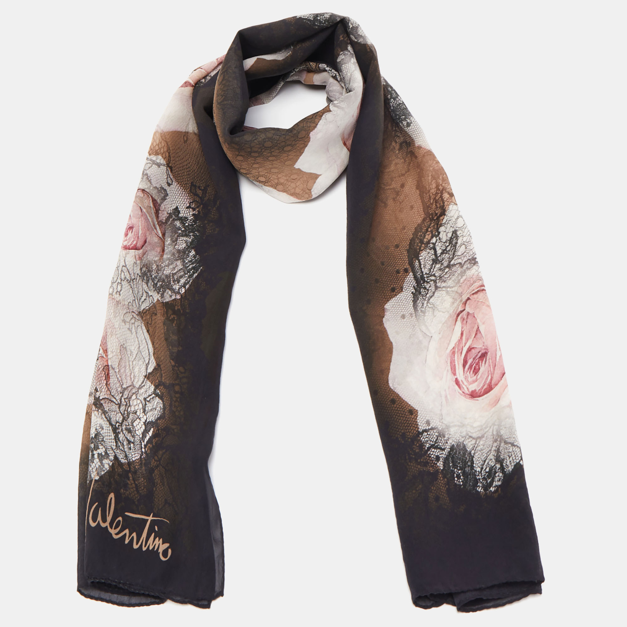 

Valentino Black Rose Printed Silk Scarf