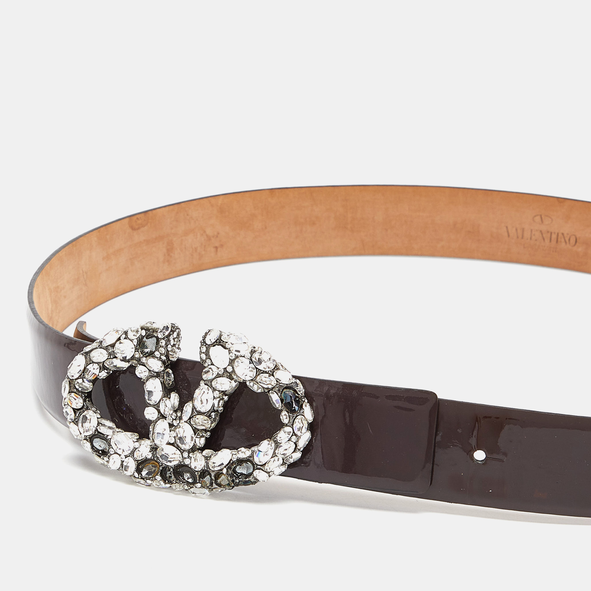 

Valentino Plum Patent Leather VLogo Crystals Buckle Belt, Purple