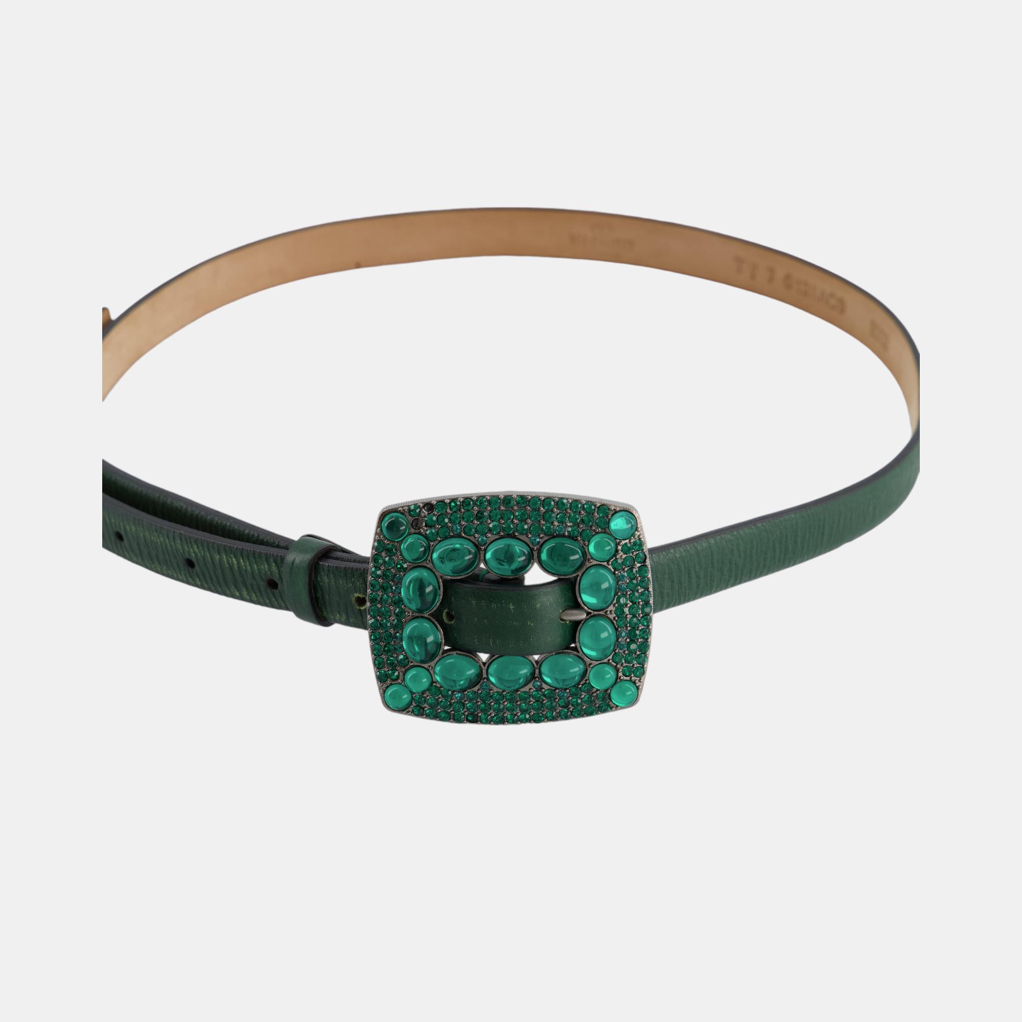 

Valentino Green Leather Belt with Crystal Detail Size