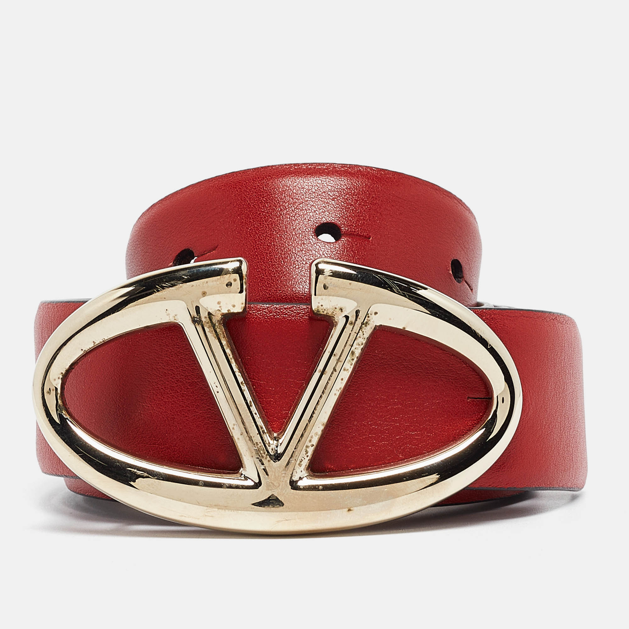 Pre-owned Valentino Garavani Red Leather Vlogo Buckler Belt 95cm