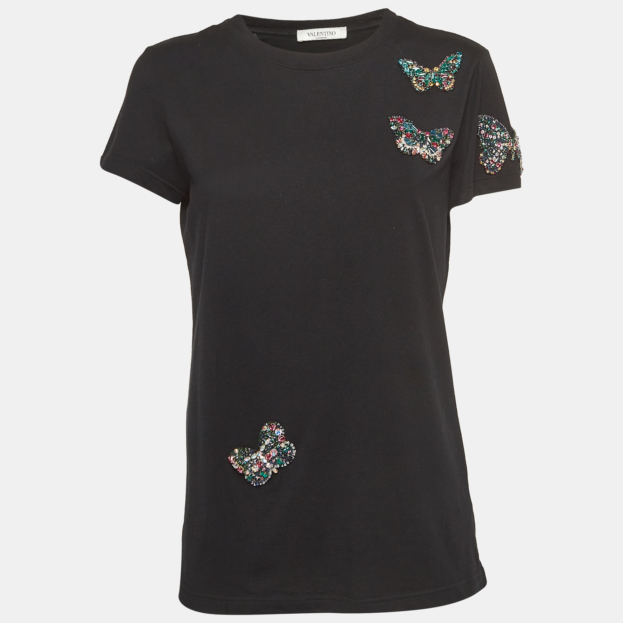 

Valentino Black Crystal Butterfly Applique Jersey T-Shirt S