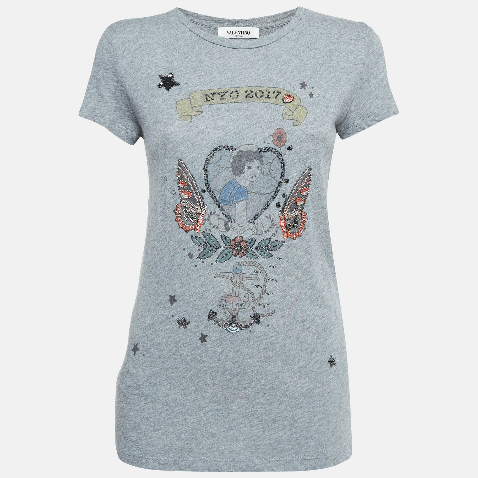 

Valentino Grey Embellished/Printed Jersey T-shirt XS