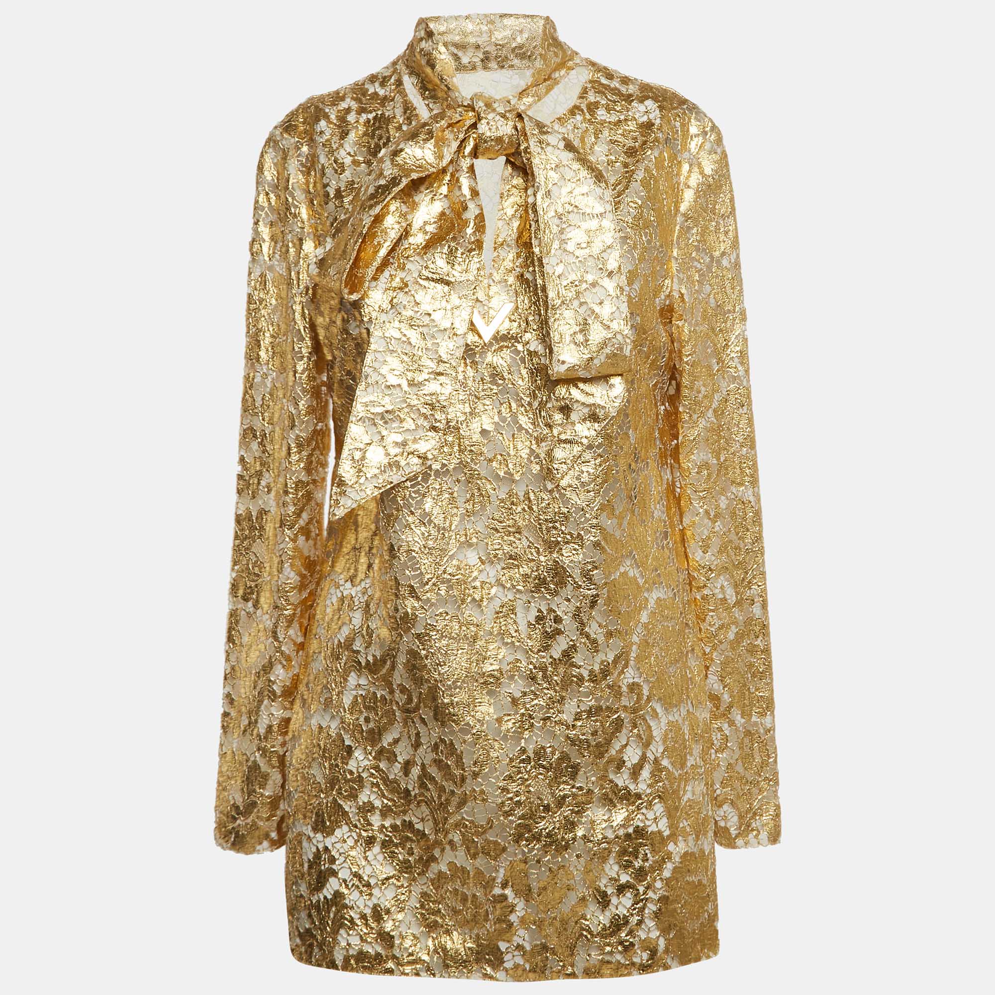 

Valentino Gold Floral Lace Neck-Tie Detail Top M