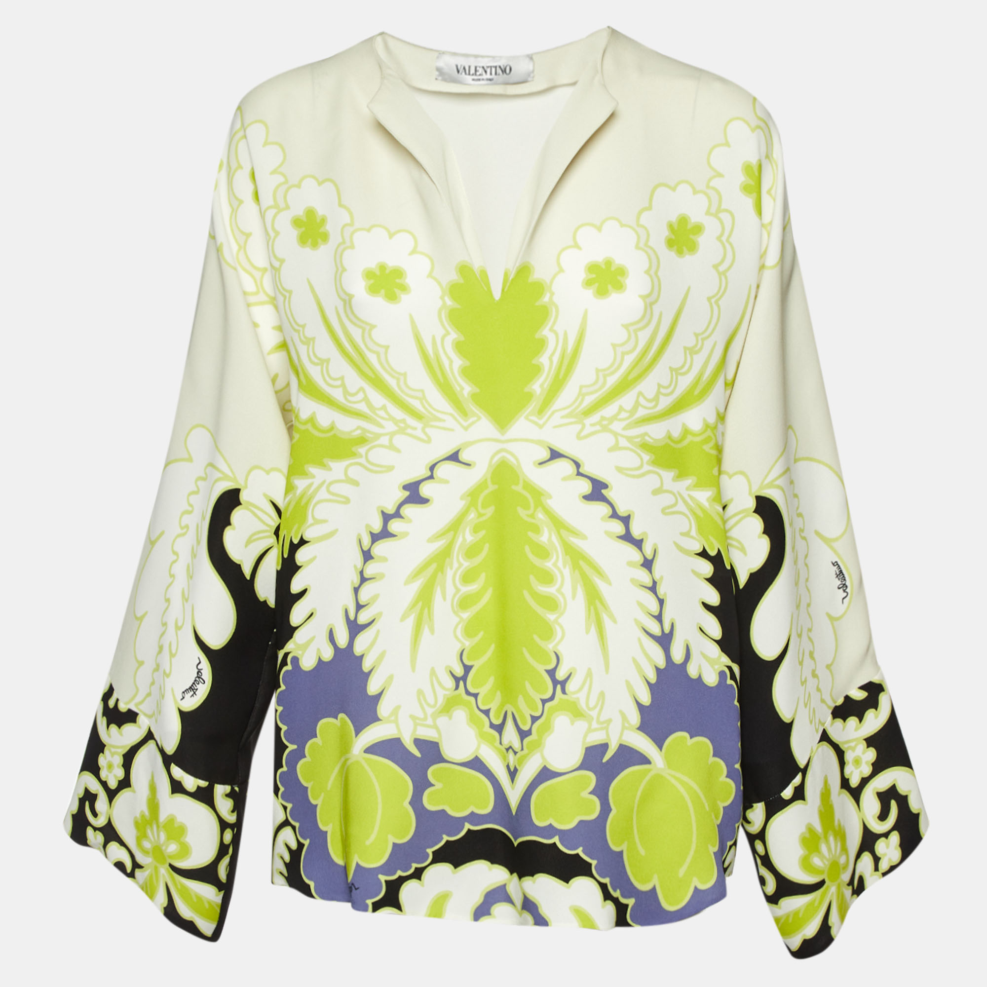 

Valentino Cream Tropical World Arazzo Print Silk Blouse M