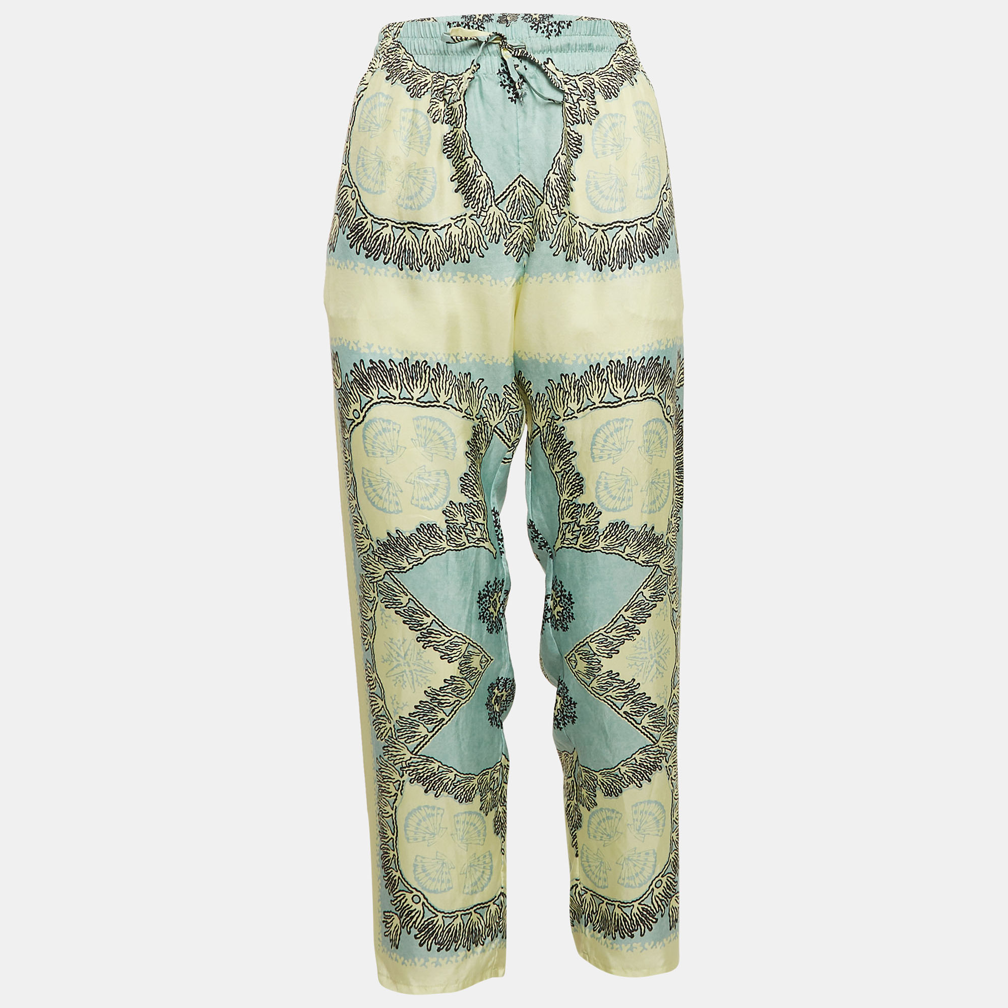 

Valentino Turquoise/Yellow Printed Silk Straight Pants L