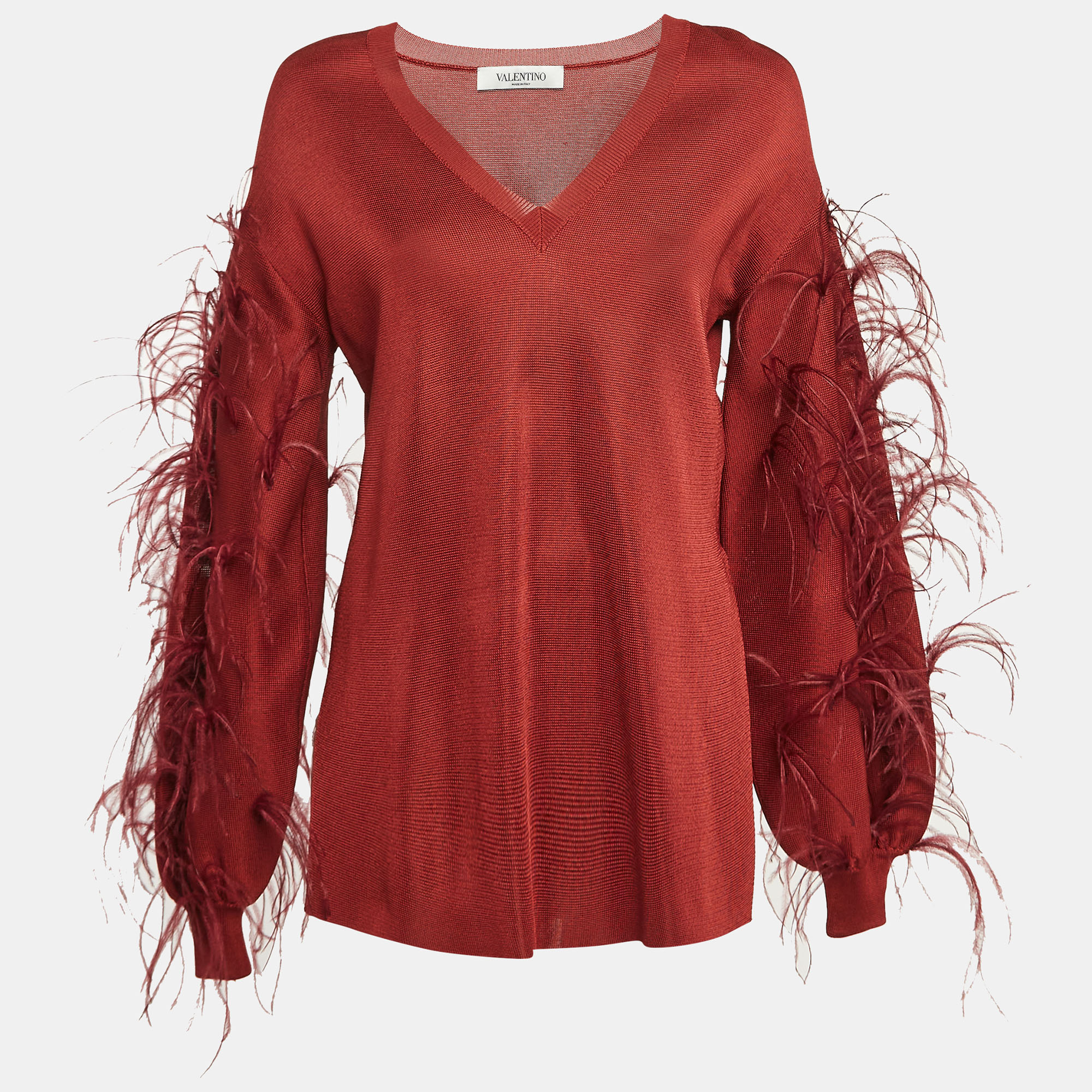 Pre-owned Valentino Red Ostrich Feather Trim Knit V-neck Sweatshirt S