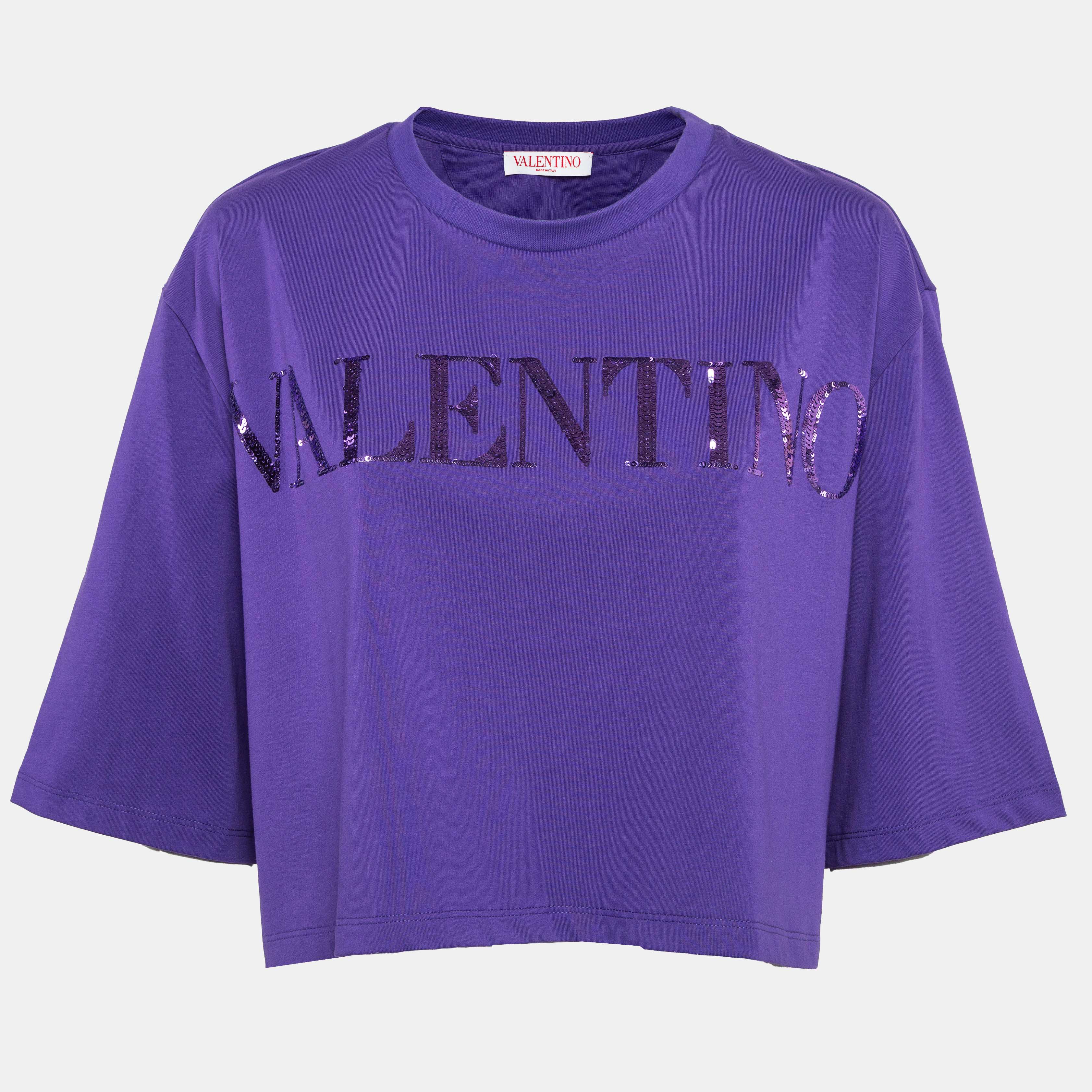 Pre-owned Valentino Purple Sequin Embroidered Jersey Oversized Crop T-shirt M