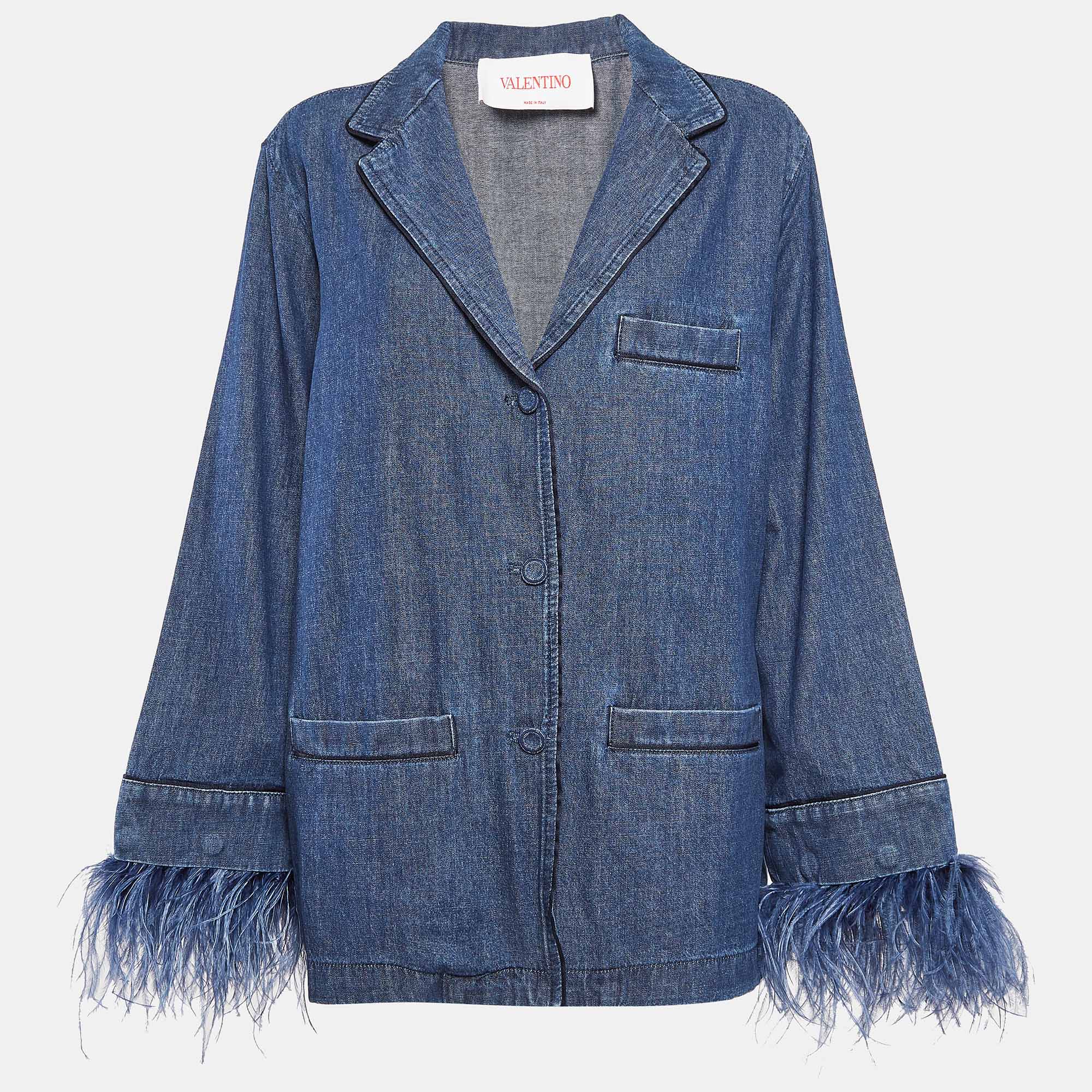 

Valentino Blue Denim Drop-Shoulder Ostrich Feather Trim Shirt L