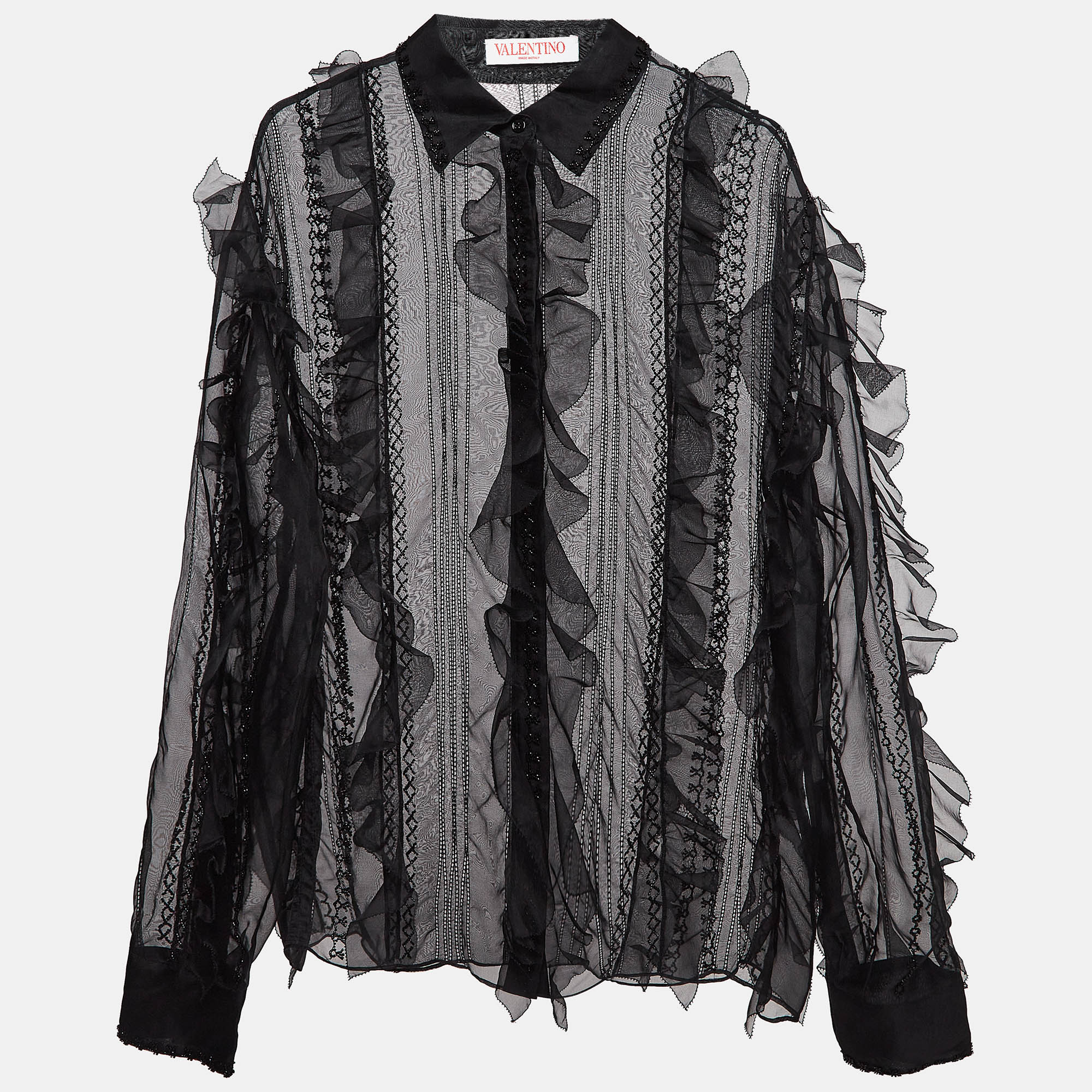 

Valentino Black Beads Embroidered Oraganza Ruffle Detail Shirt L