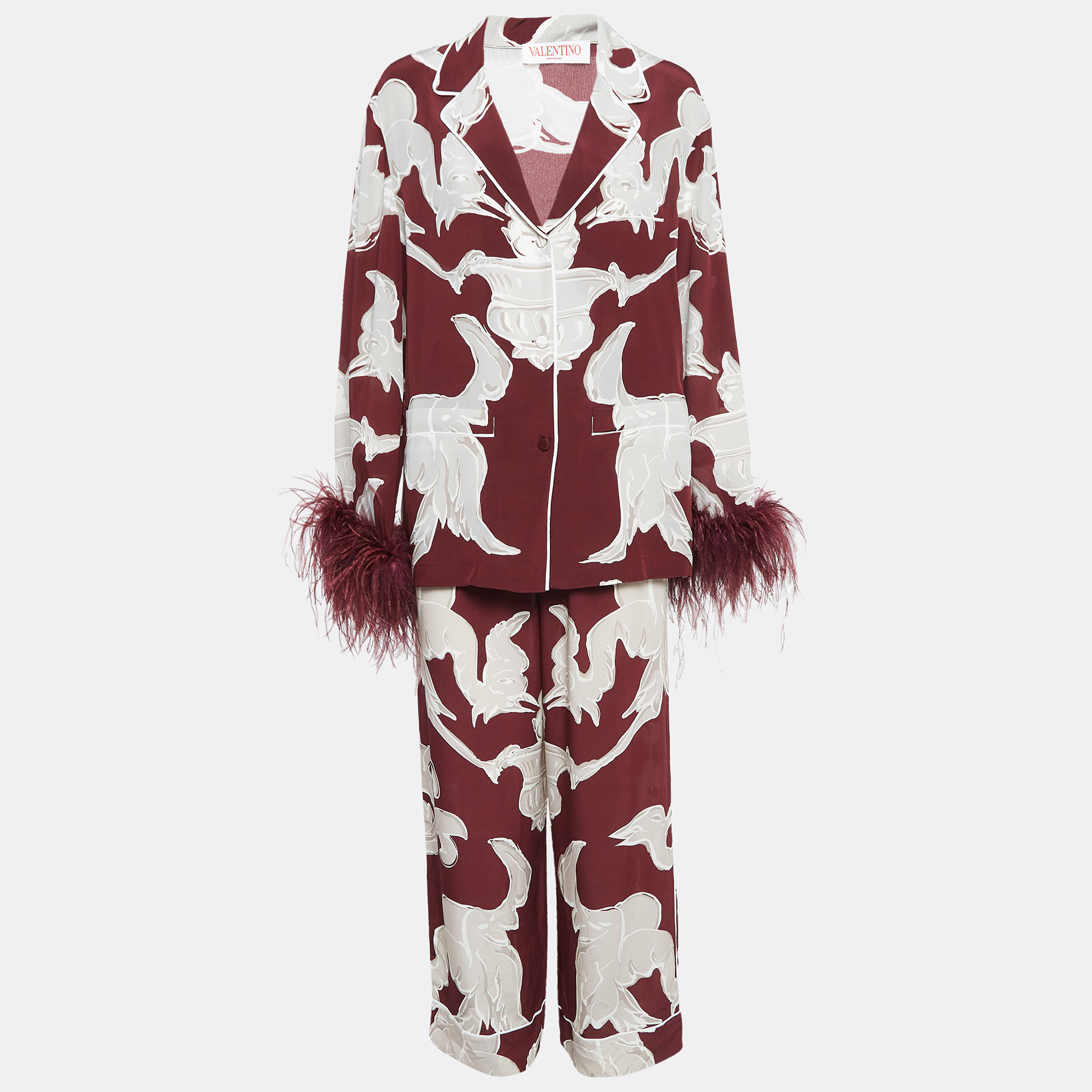 

Valentino Burgundy Printed Silk and Ostrich Feather Pyjama Shirt and Pants Set L