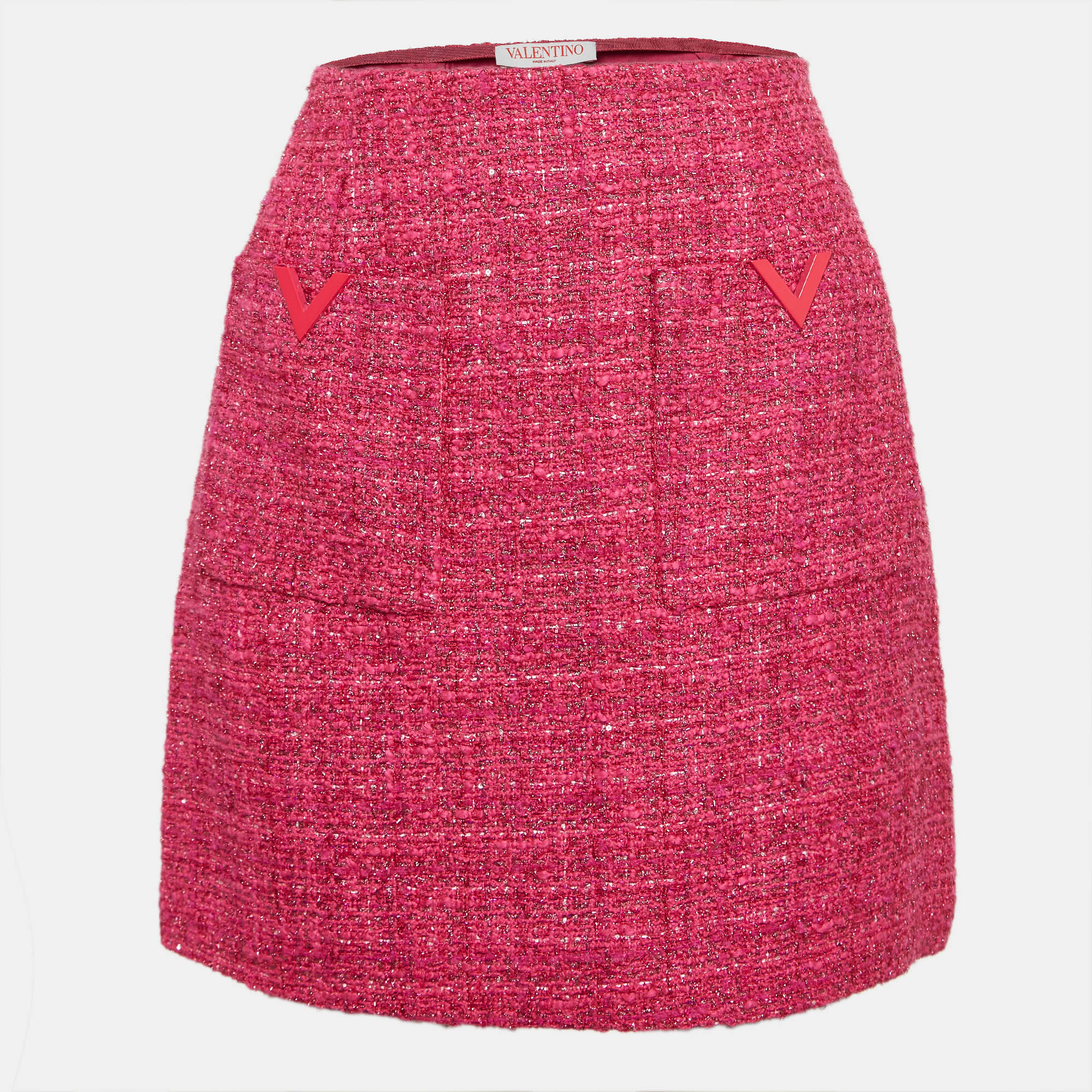 

Valentino Pink Lurex Tweed V-Logo Metallic Glaze Mini Skirt M