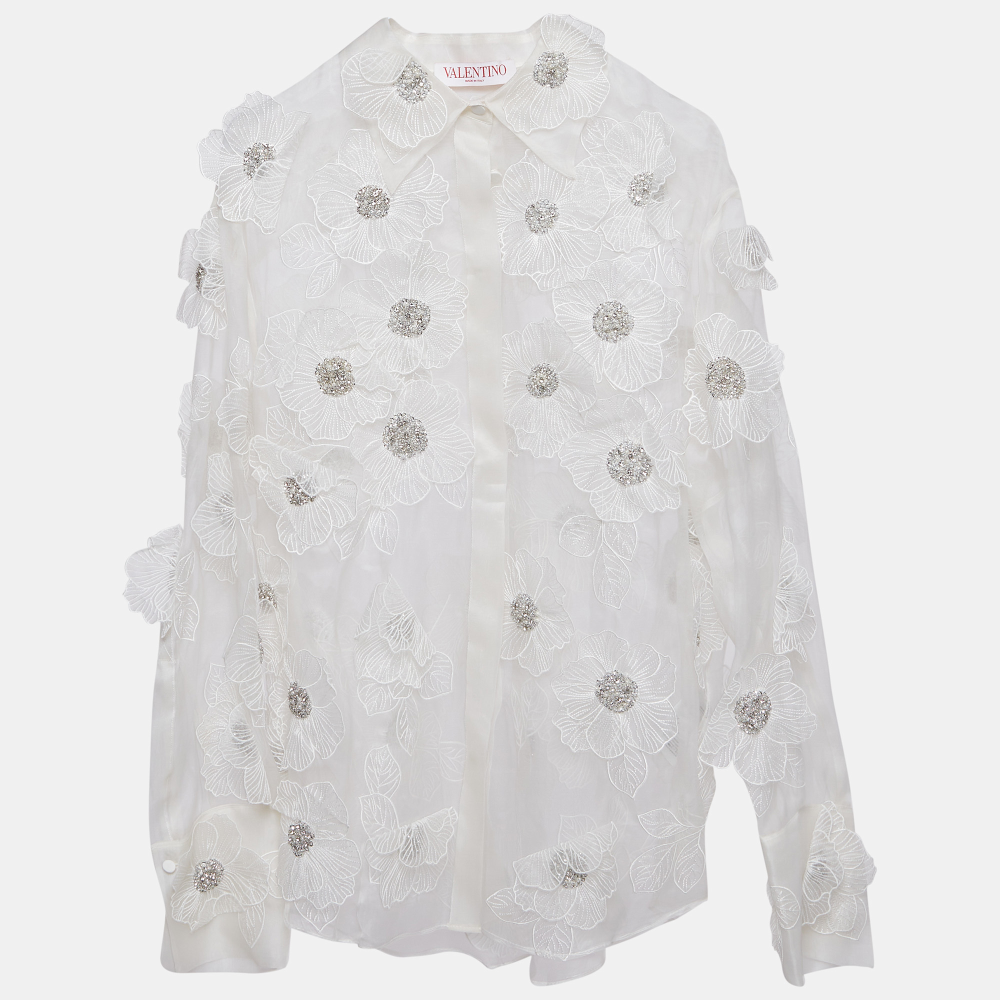 Pre-owned Valentino White Floral Embellished Organza Silk Sheer Shirt Xs