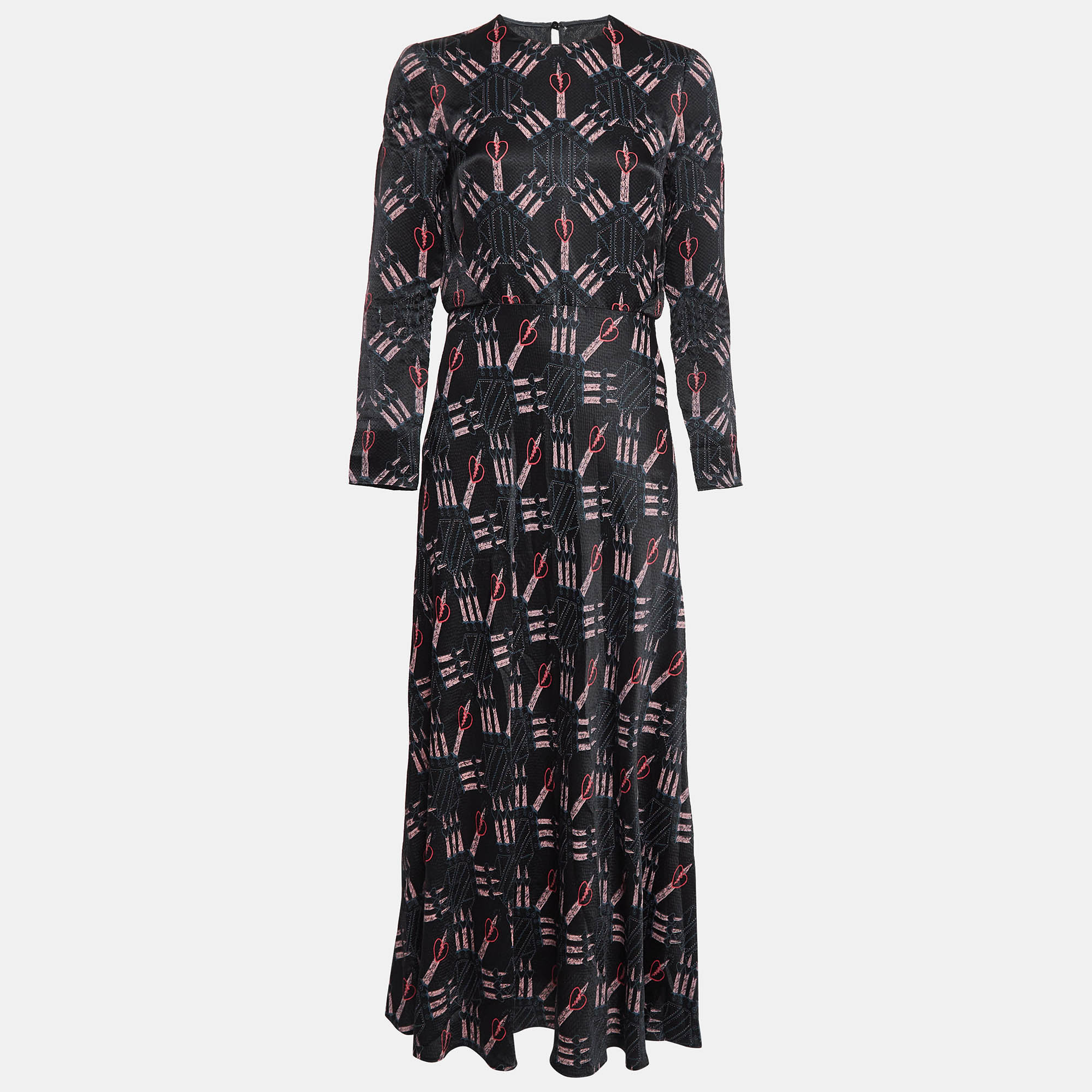 Pre-owned Valentino Black Printed Textured Crepe Maxi Dress S