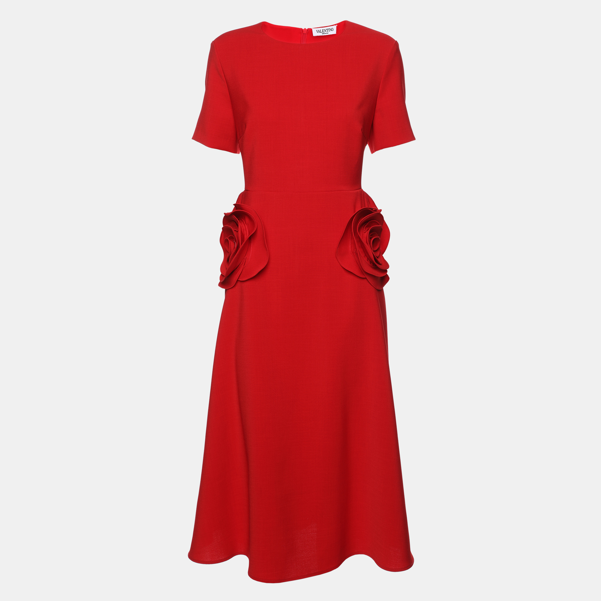 

Valentino Red Crepe Floral Applique Midi Dress M