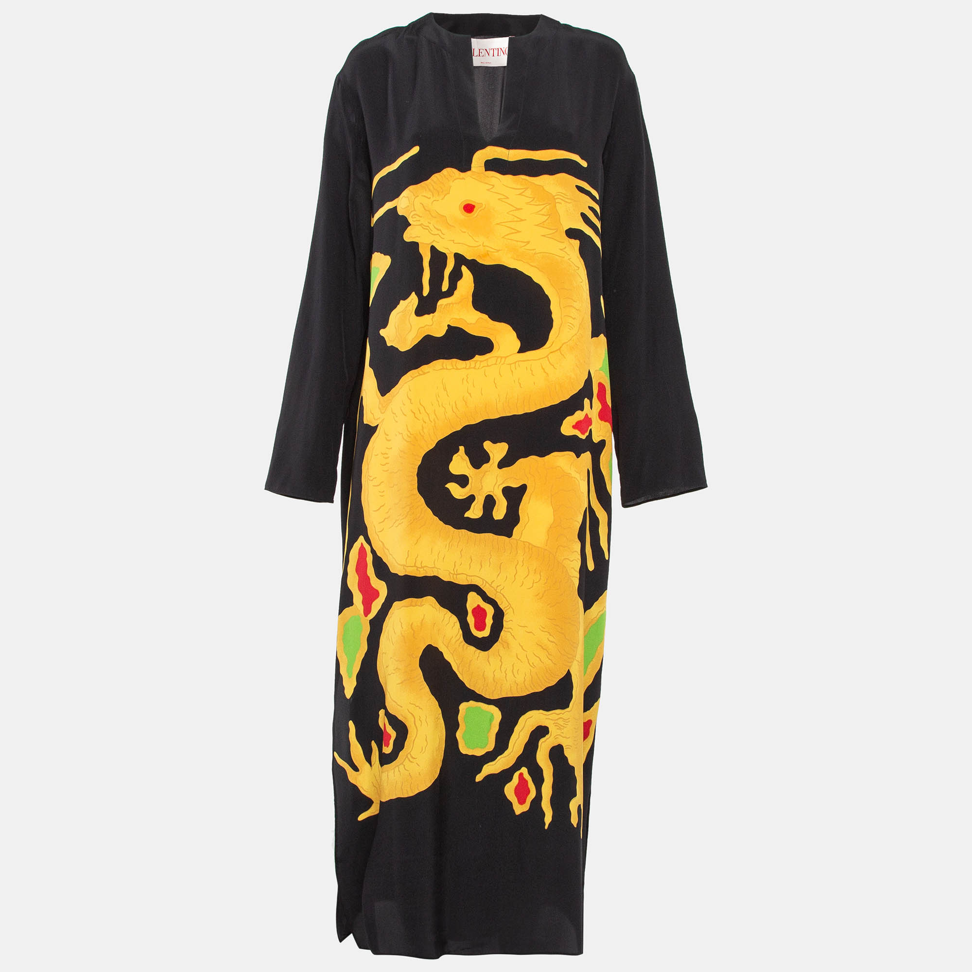 

Valentino Multicolor Dragon Print Crepe de Chine Silk Midi Dress M, Black