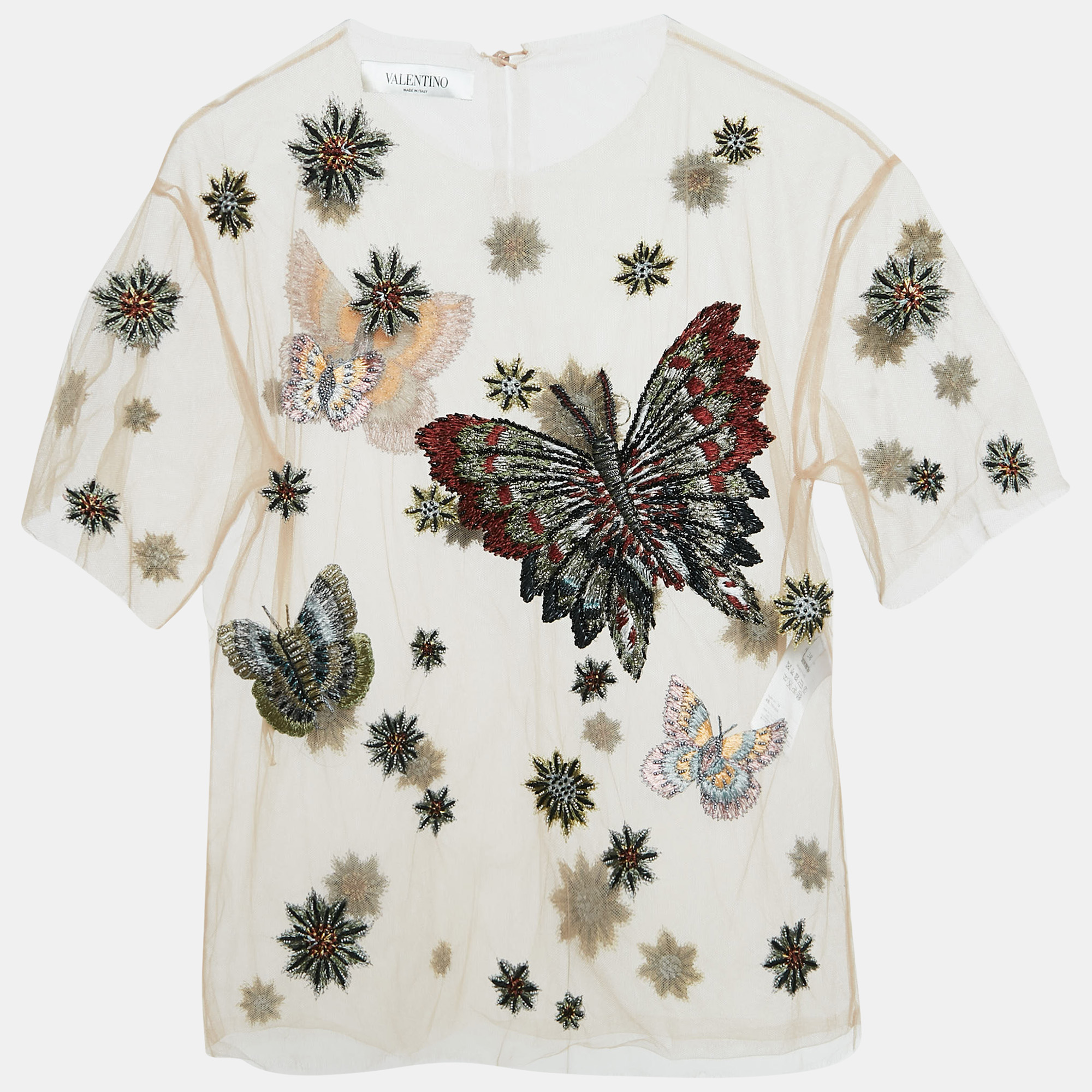 

Valentino Beige Butterfly Embroidered Mesh Sheer Top S