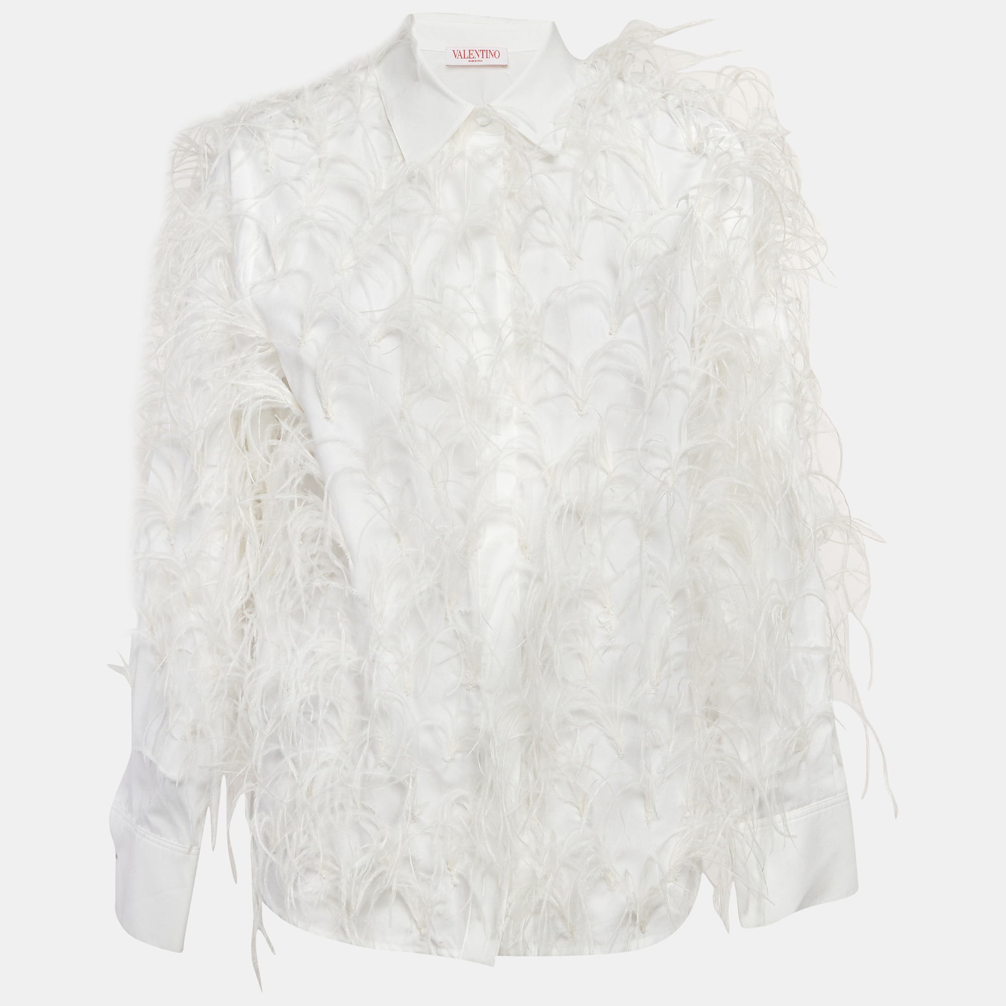 Pre-owned Valentino White Ostrich Feather Trim Cotton Shirt M