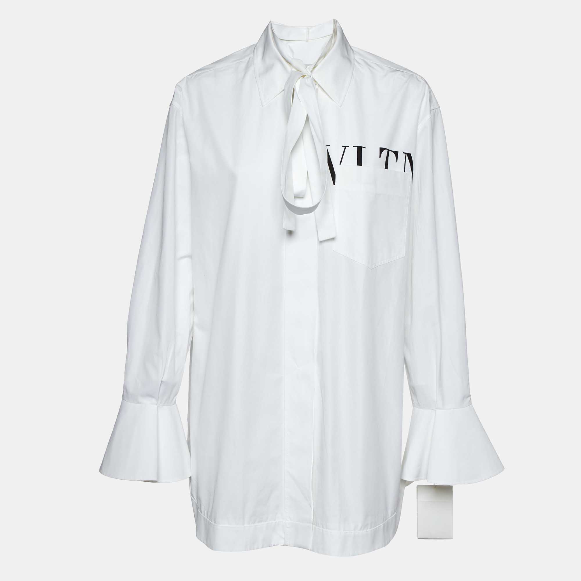 

Valentino White Logo Print Poplin Tie-Up Neck Detail Oversize Shirt L