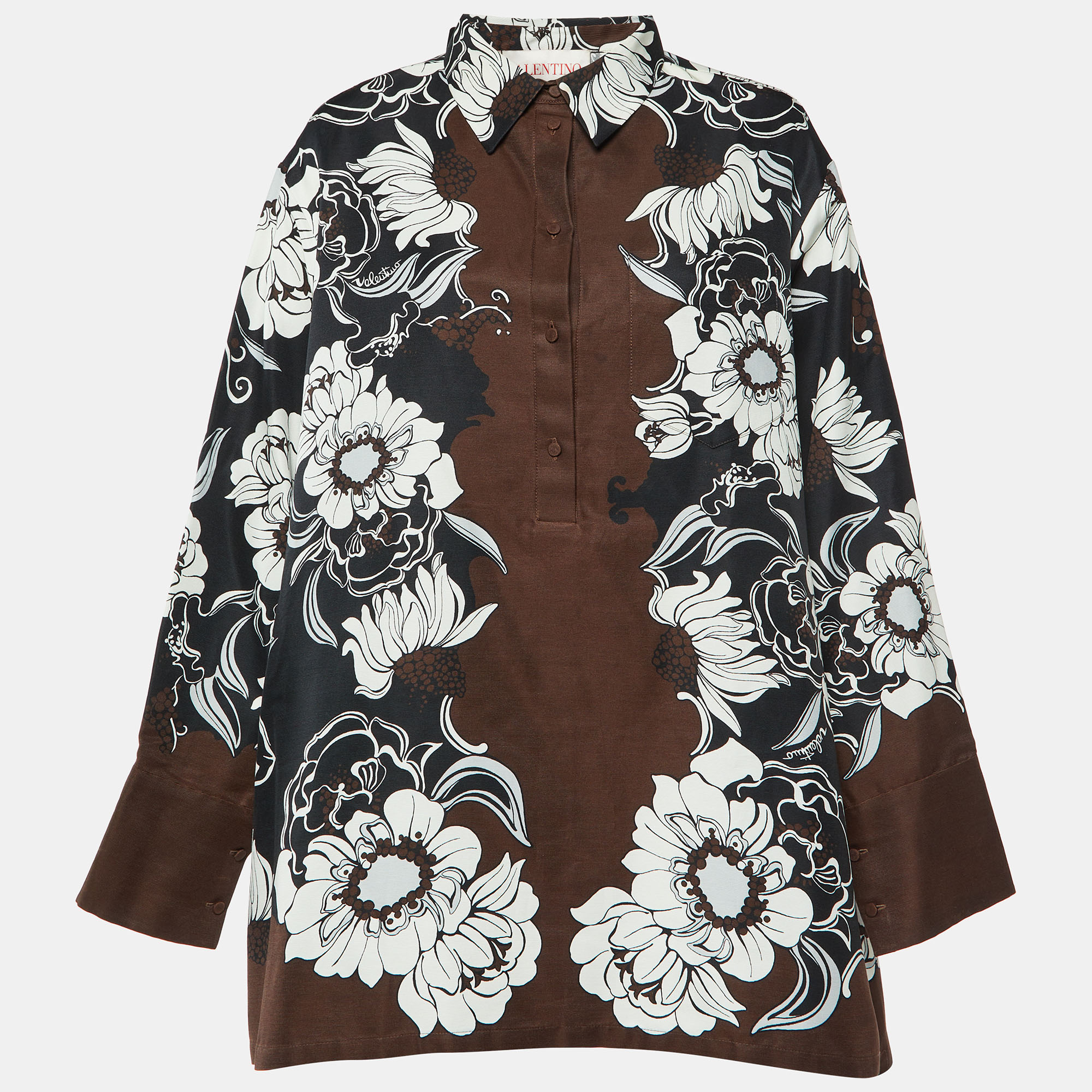 Pre-owned Valentino Brown Street Flowers Daisyland Print Cotton & Silk Shirt Dress M