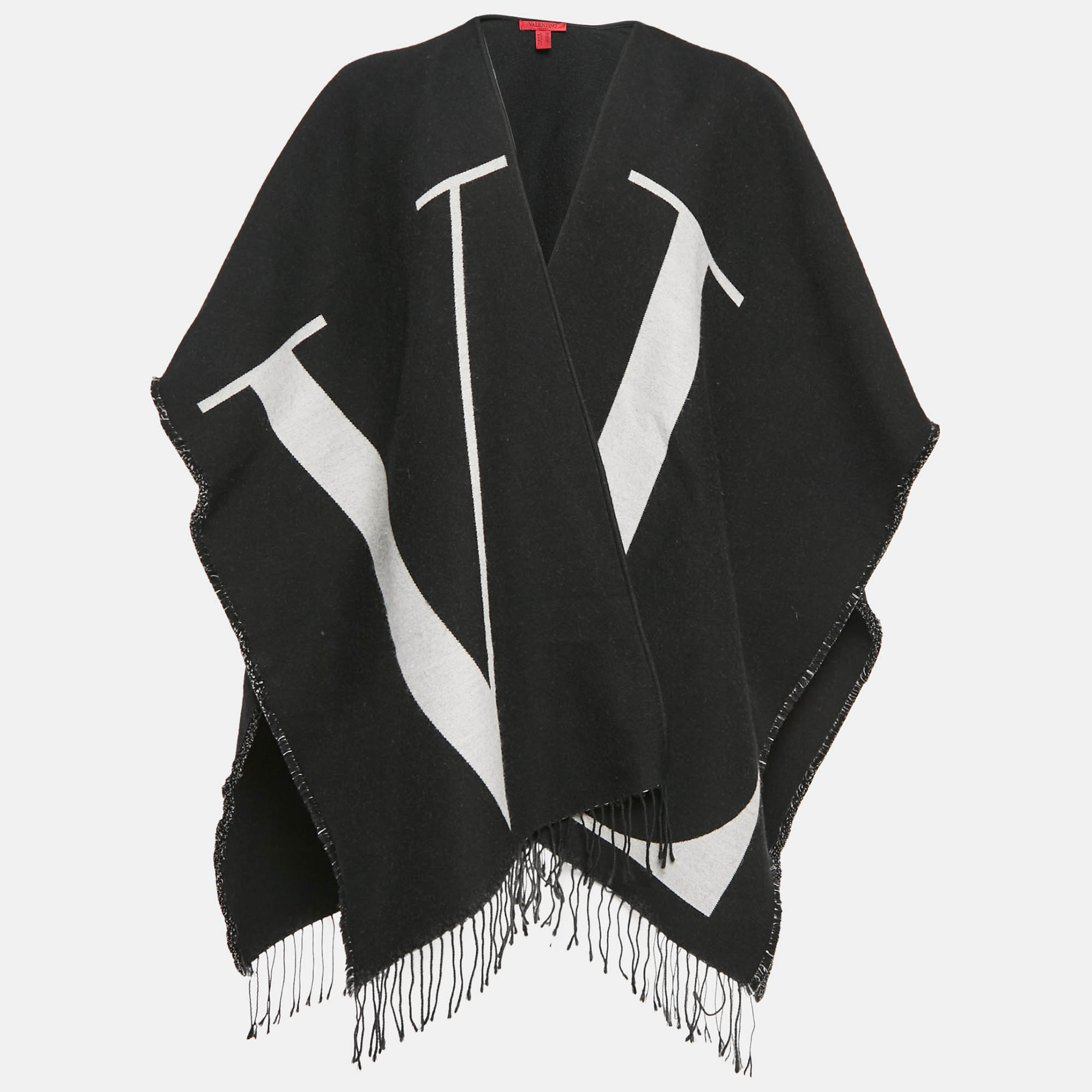 

Valentino Black Logo Intarsia Wool Knit Tasseled Poncho