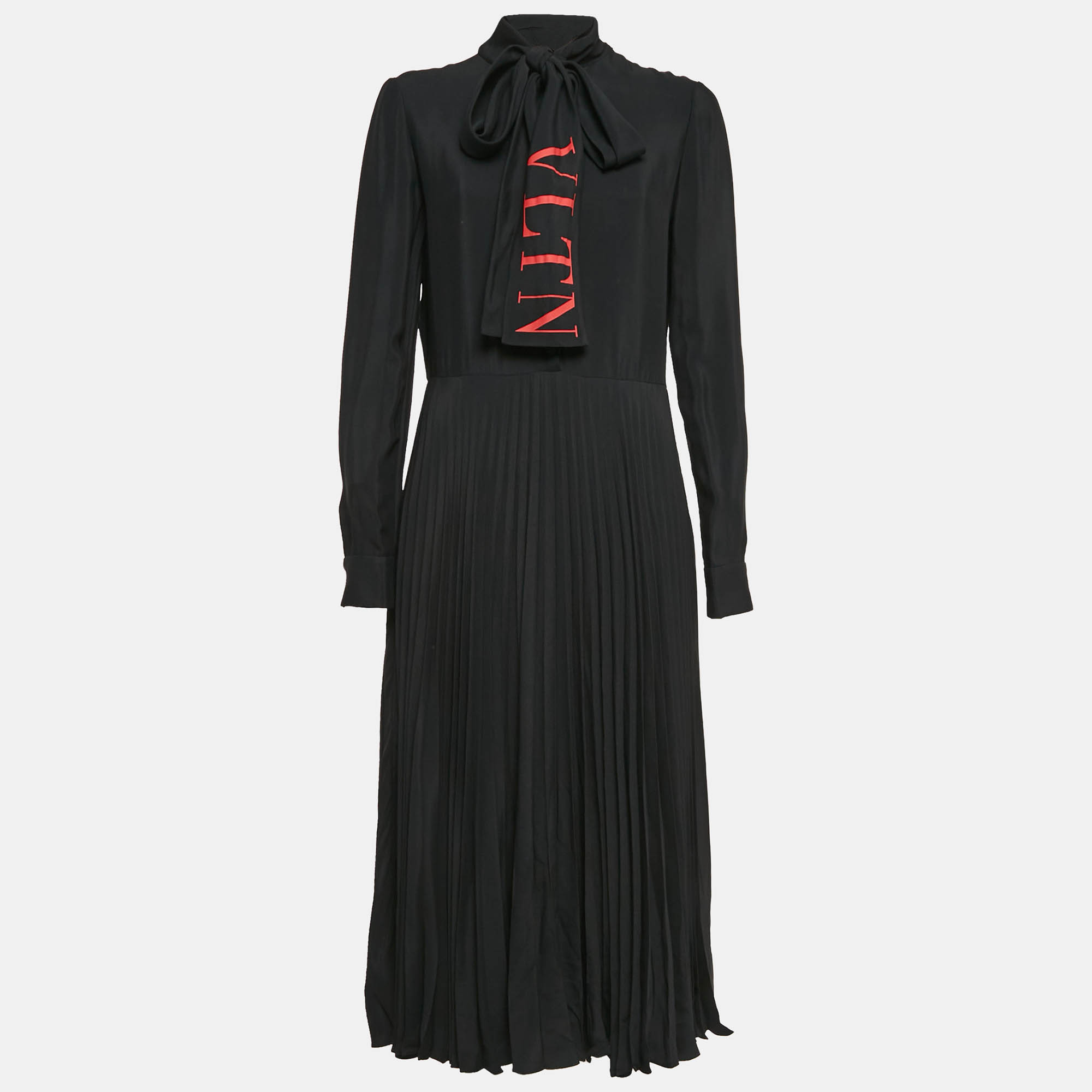 

Valentino Black VLTN Print Crepe Pleated Midi Dress S