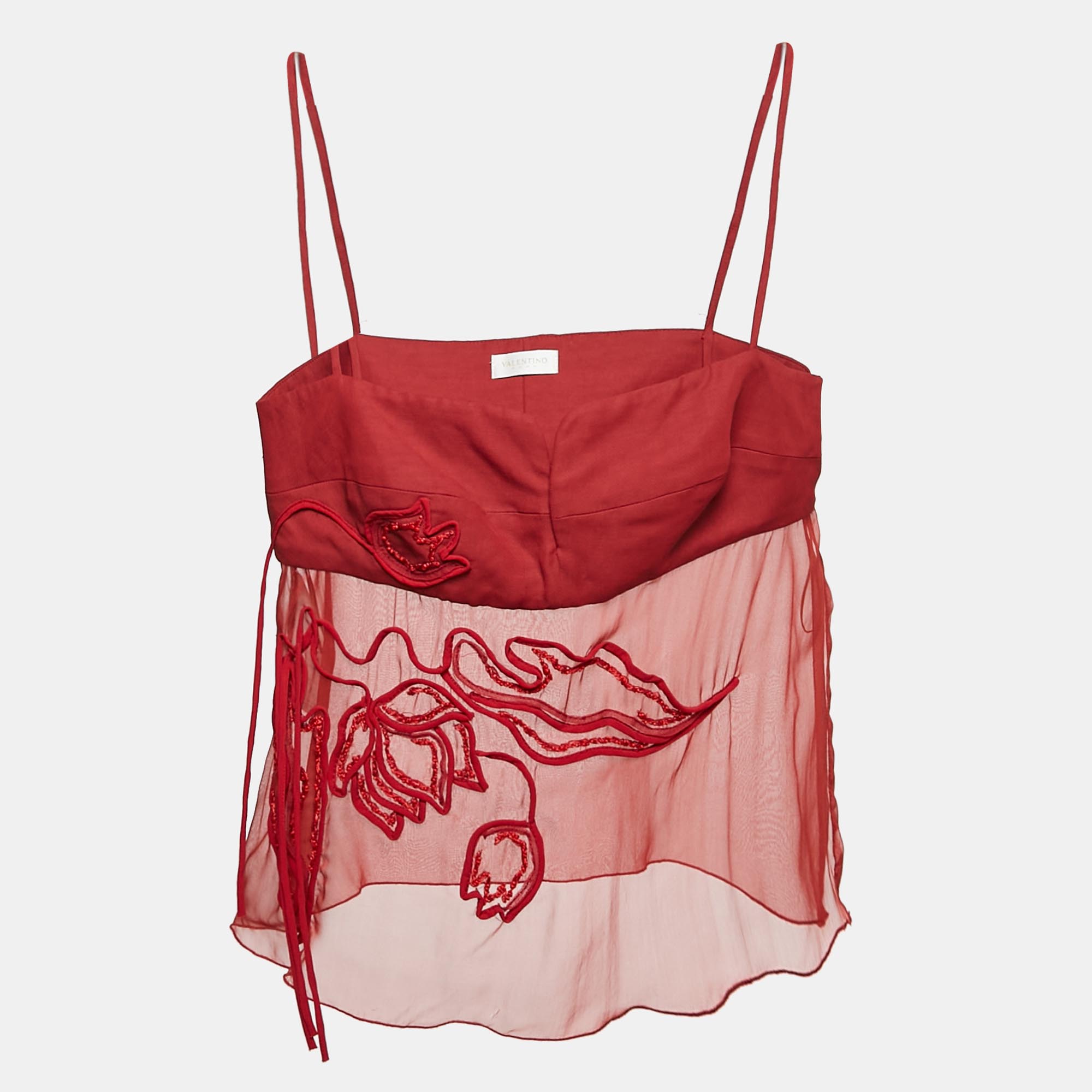 

Valentino Red Embroidered Silk and Crepe Strappy Top L