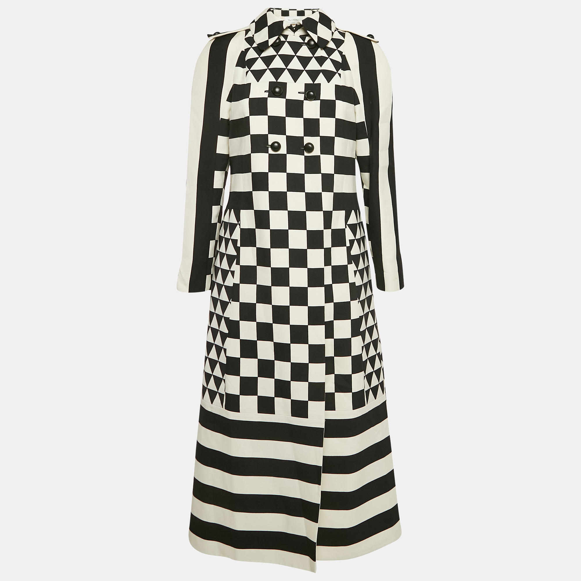 

Valentino Black/White Geometric Print Wool Blend Double Breasted Couture Dress M