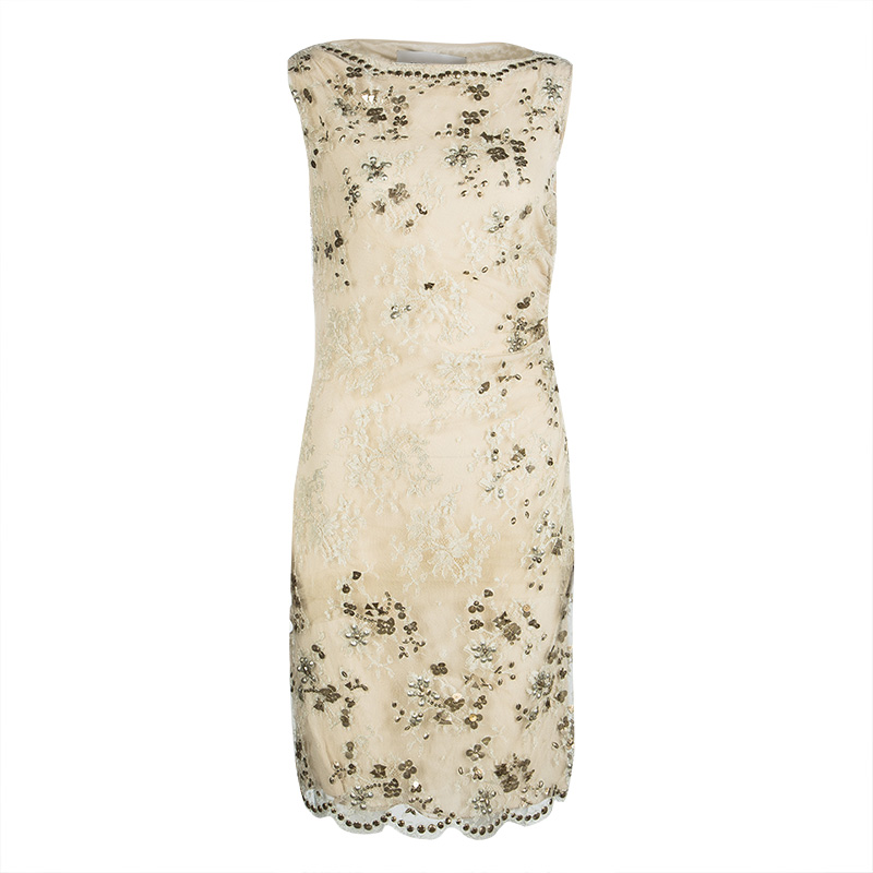 

Valentino Beige Embellished Floral Lace Overlay Ruched Sleeveless Dress