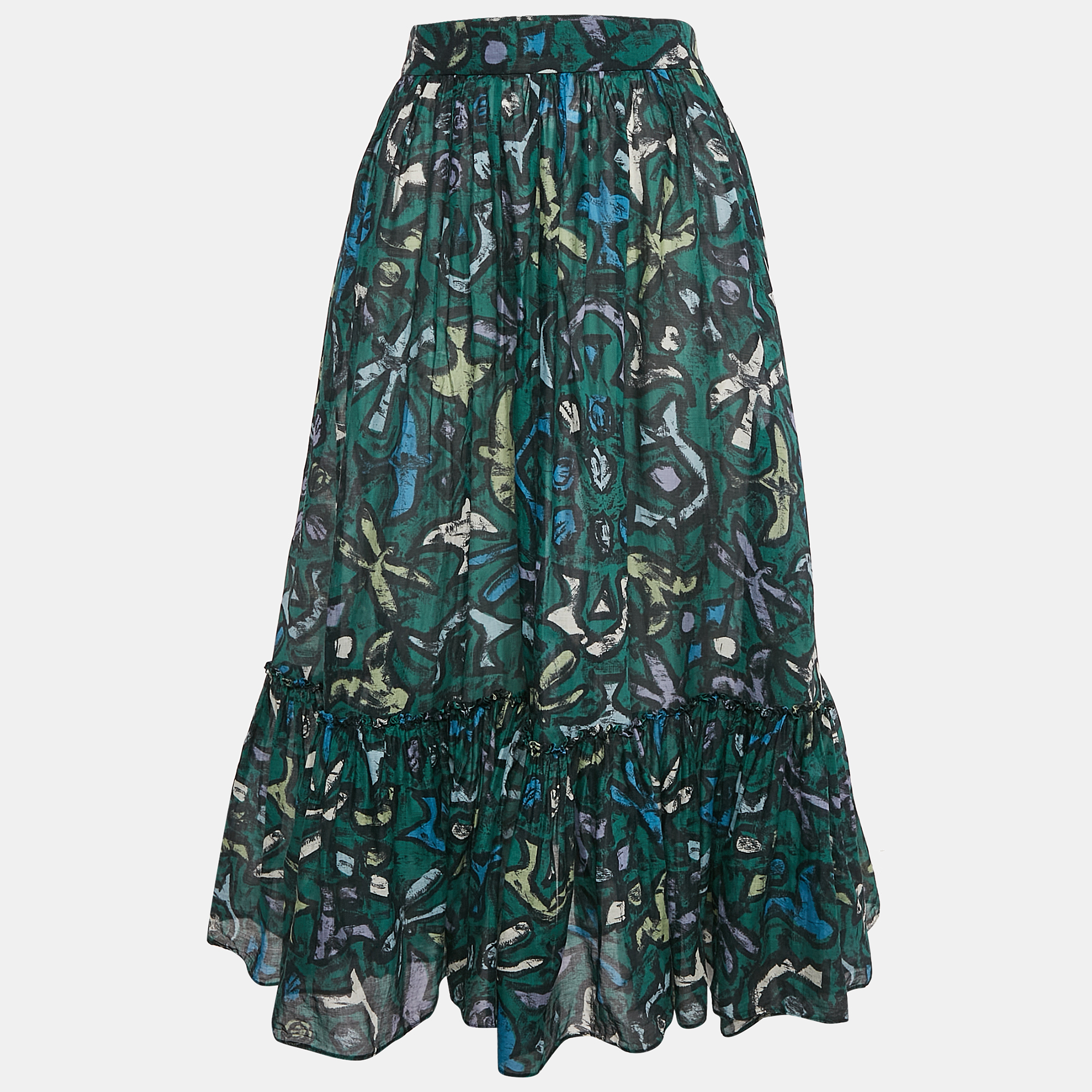 

Valentino Green Graffiti Print Cotton Flounce Midi Skirt M