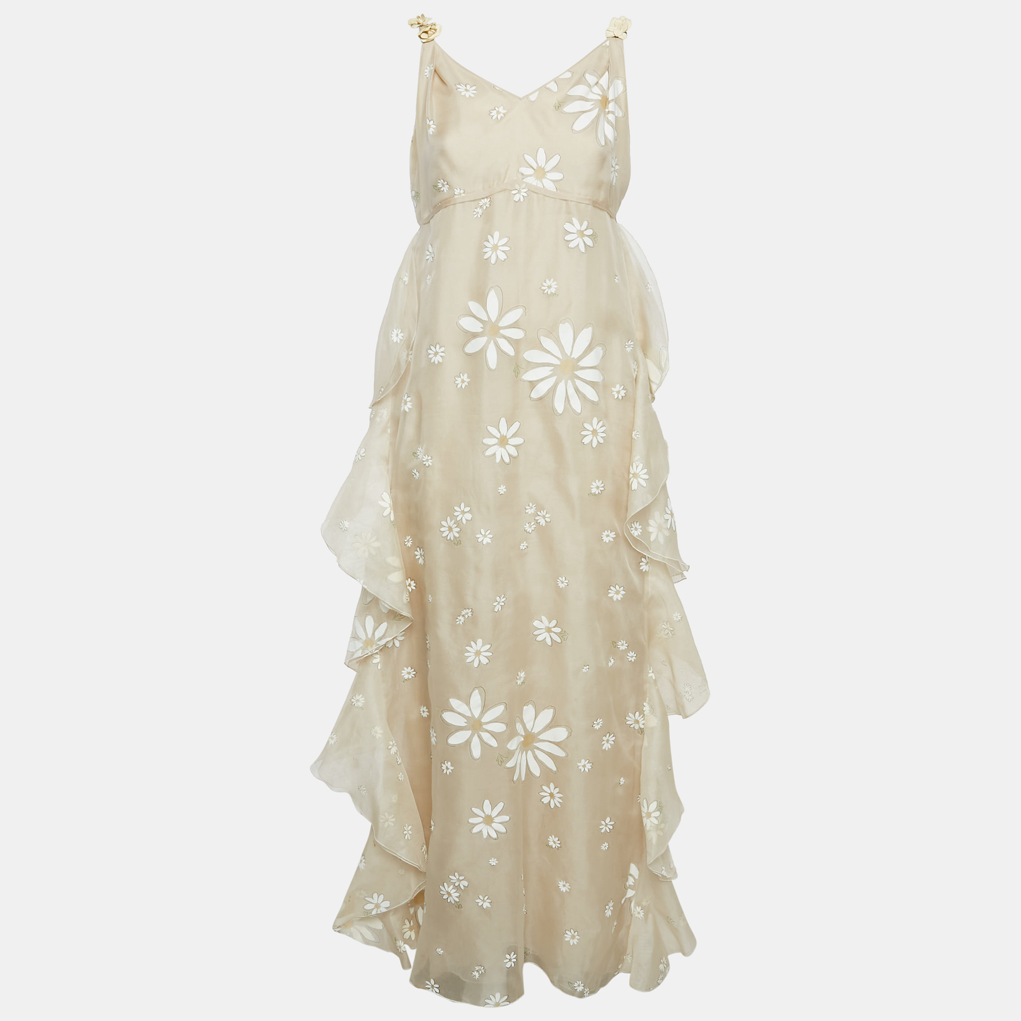 

Valentino Beige Romantic Daisy Print Organza Silk Embellished Strap Gown M