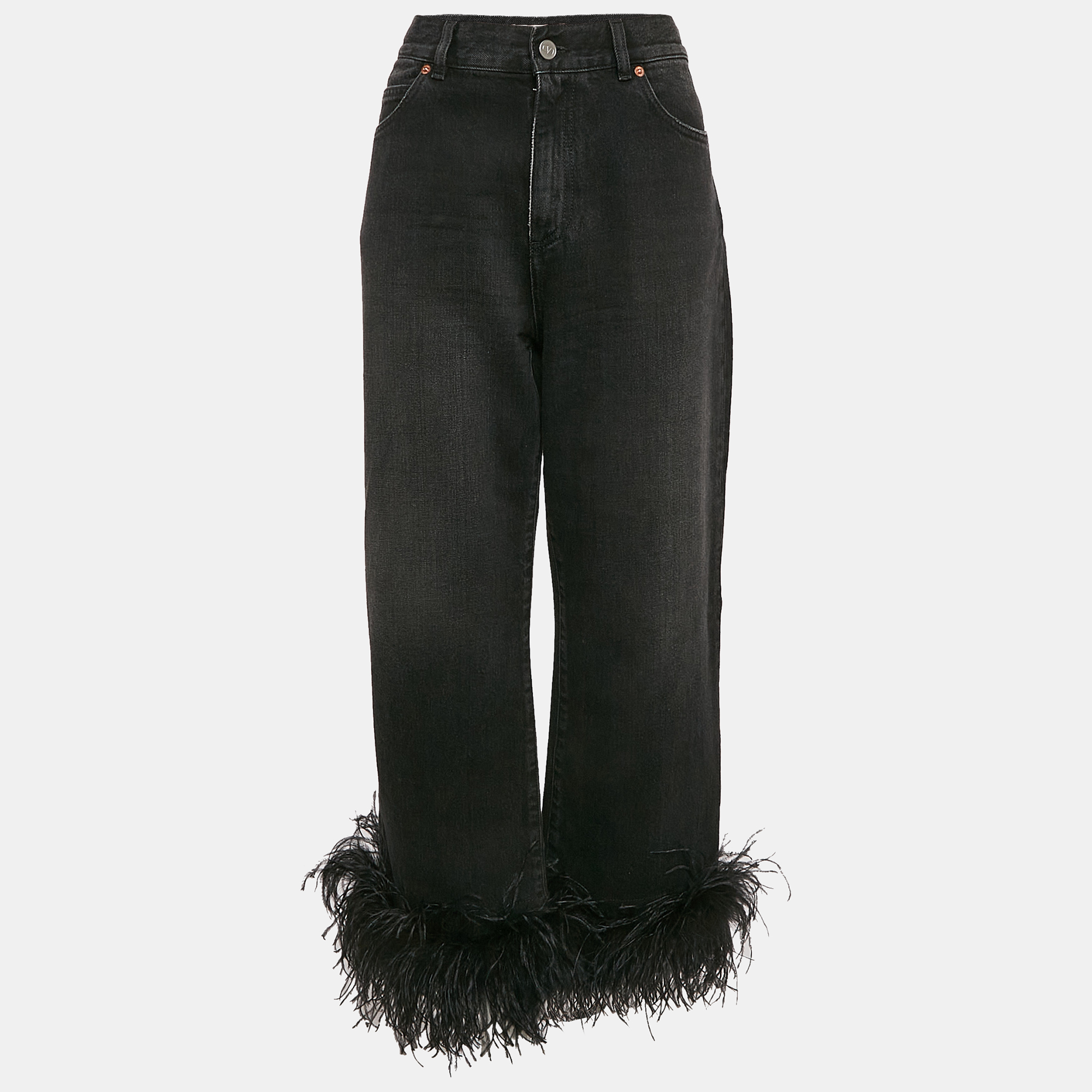 

Valentino Black Denim Detachable Ostrich Feather Cuff Cropped Jeans M