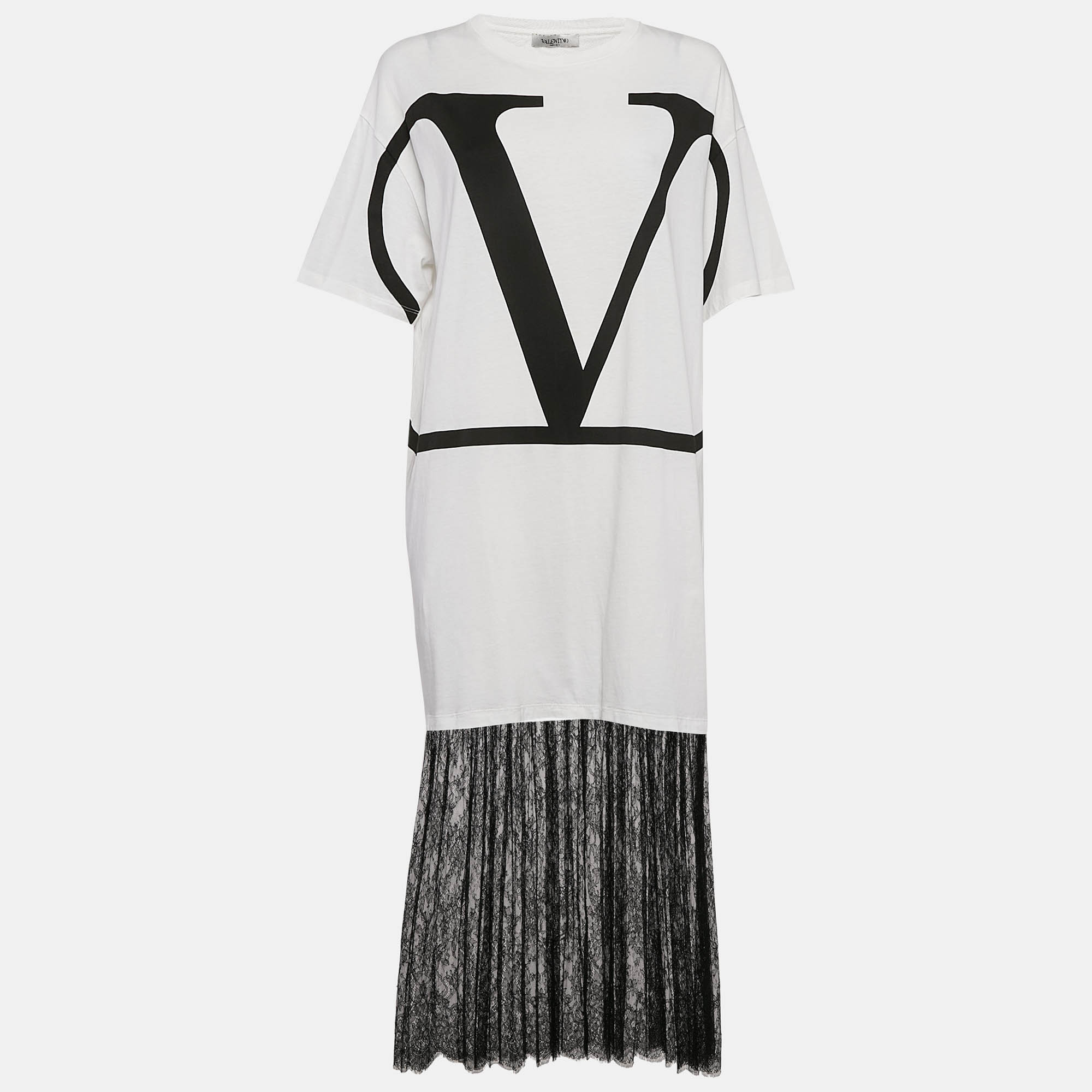 

Valentino White Logo Print Cotton Knit and Lace Flared Midi Dress M