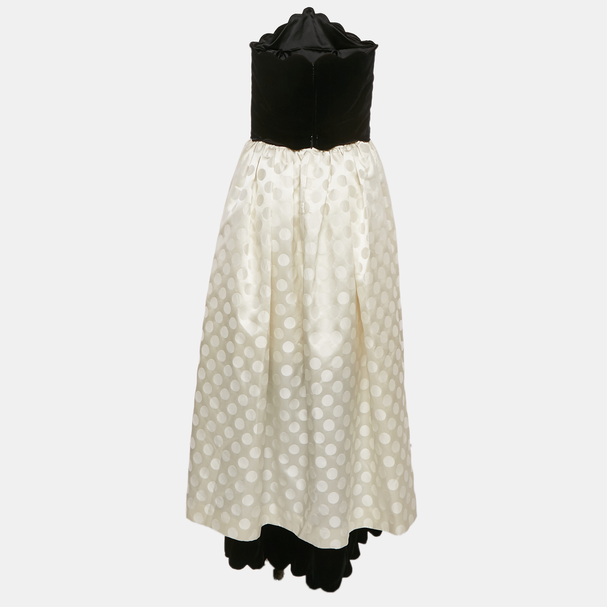 Valentino Night Vintage Black/Ivory Velvet and Jacquard Strapless Scallop Midi Dress L 