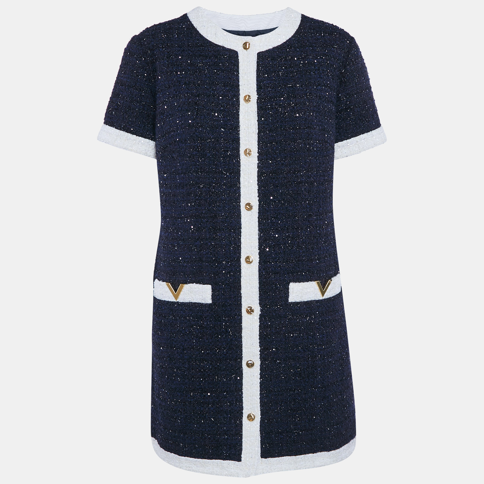 

Valentino Navy Blue Sequin Embellished Lurex Bouclé-Tweed Mini Dress L