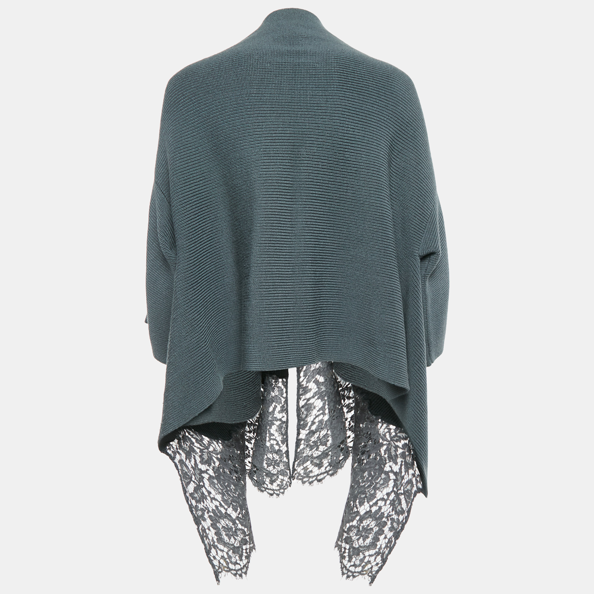 Valentino Grey Wool Rib Knit & Lace Trim Open Cardigan M 