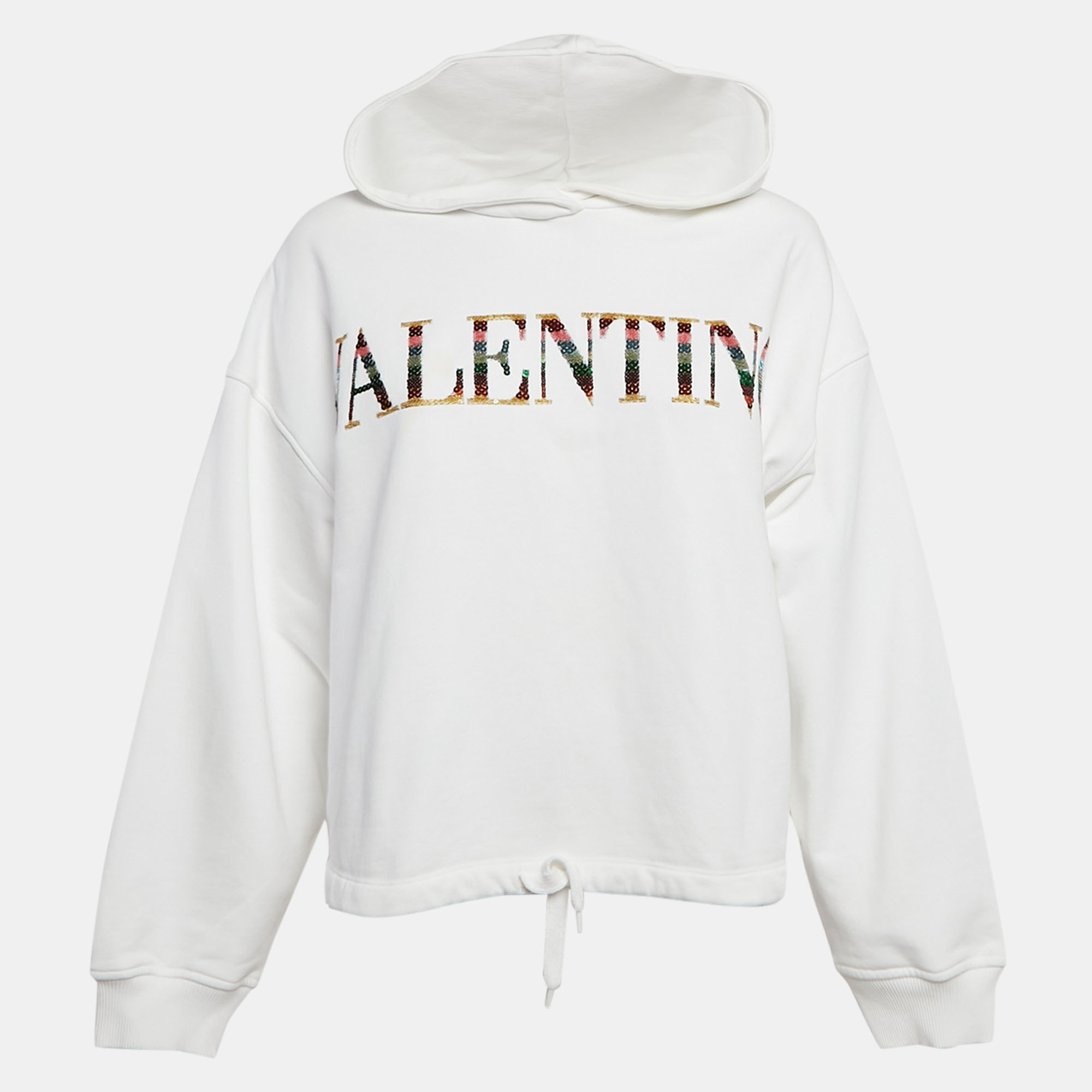 

Valentino White Logo Sequin Embellished Cotton Knit Hoodie M