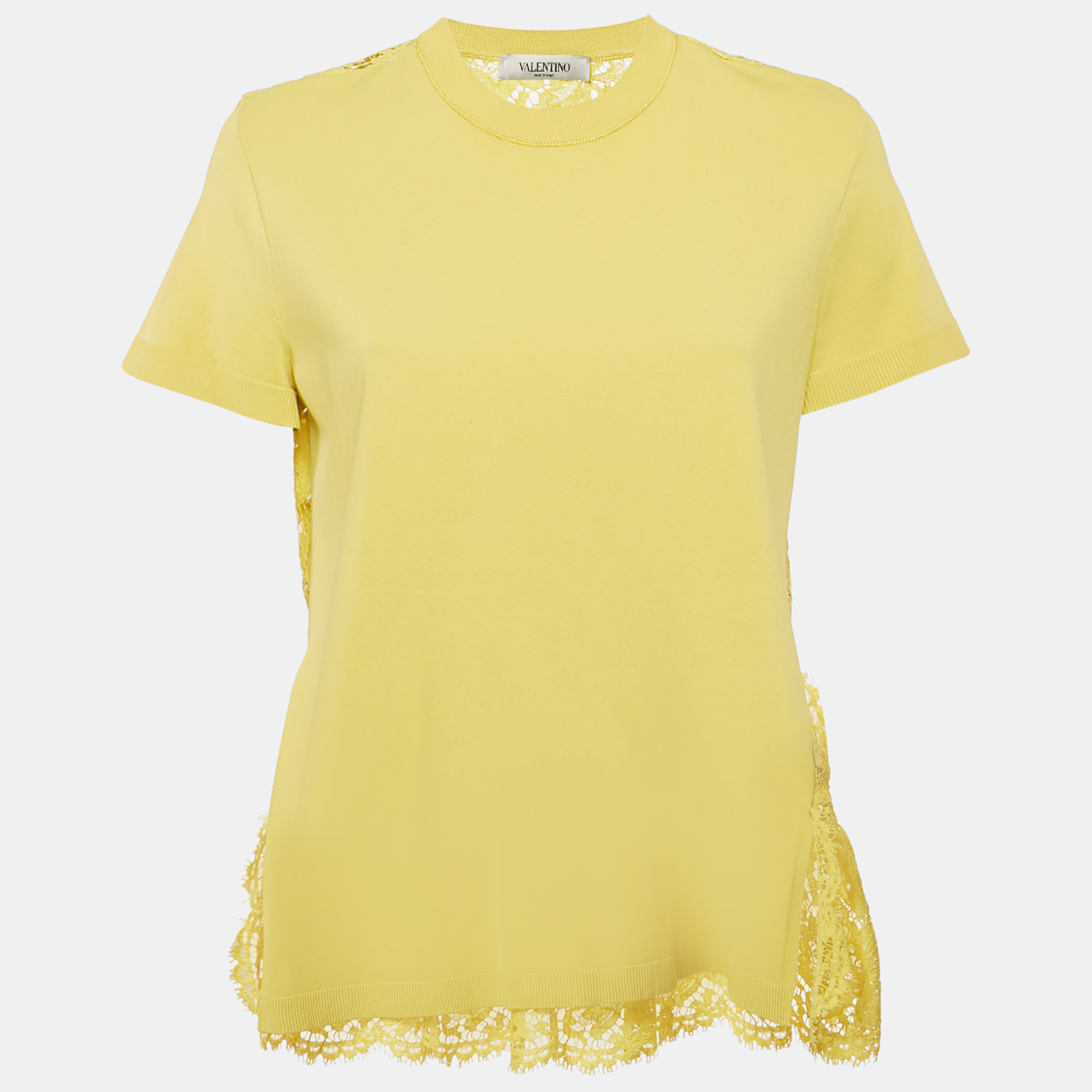 

Valentino Yellow Lace and Jersey Crew Neck Top M