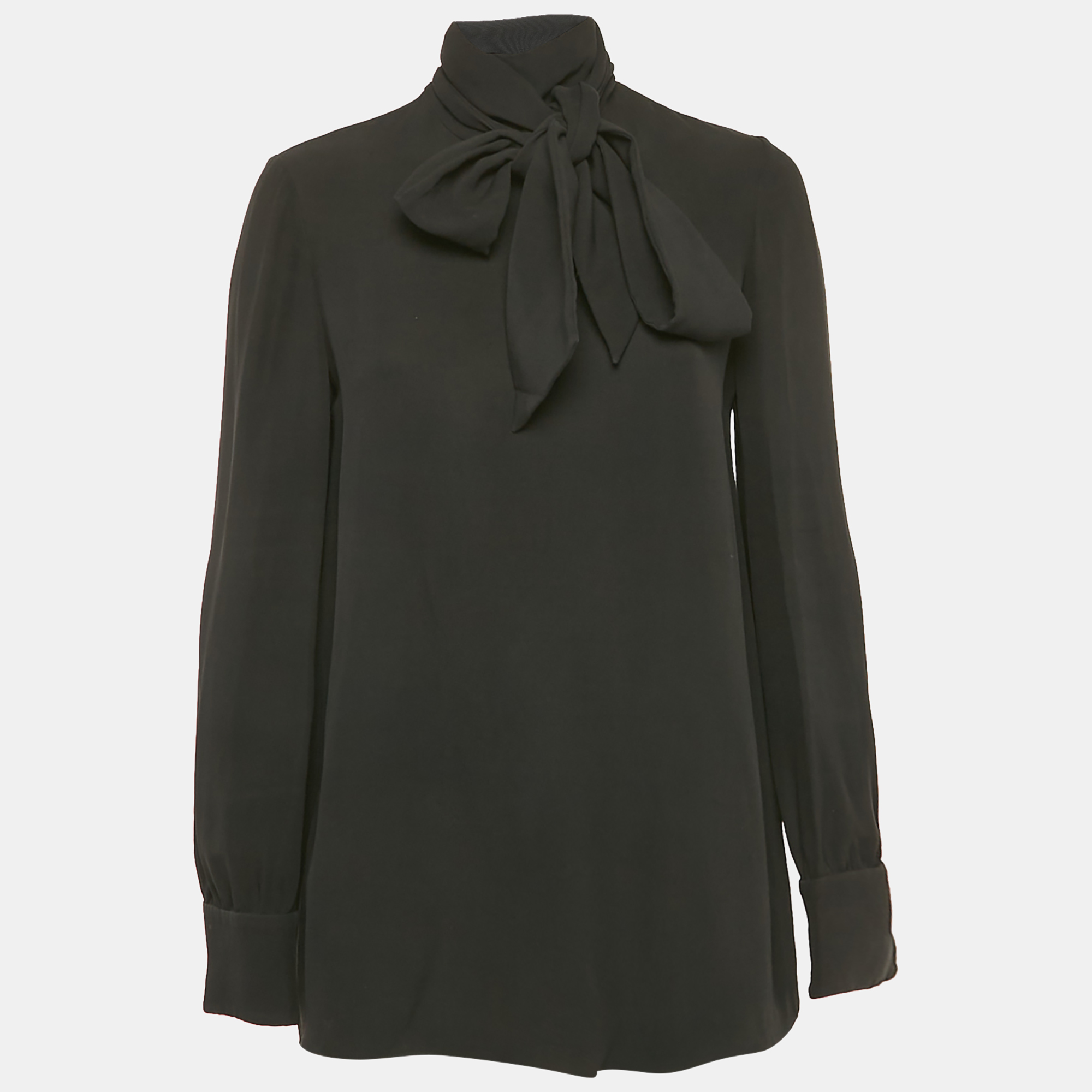 

Valentino Black Silk Blend Crepe Tie-Up Neck Detail Top M