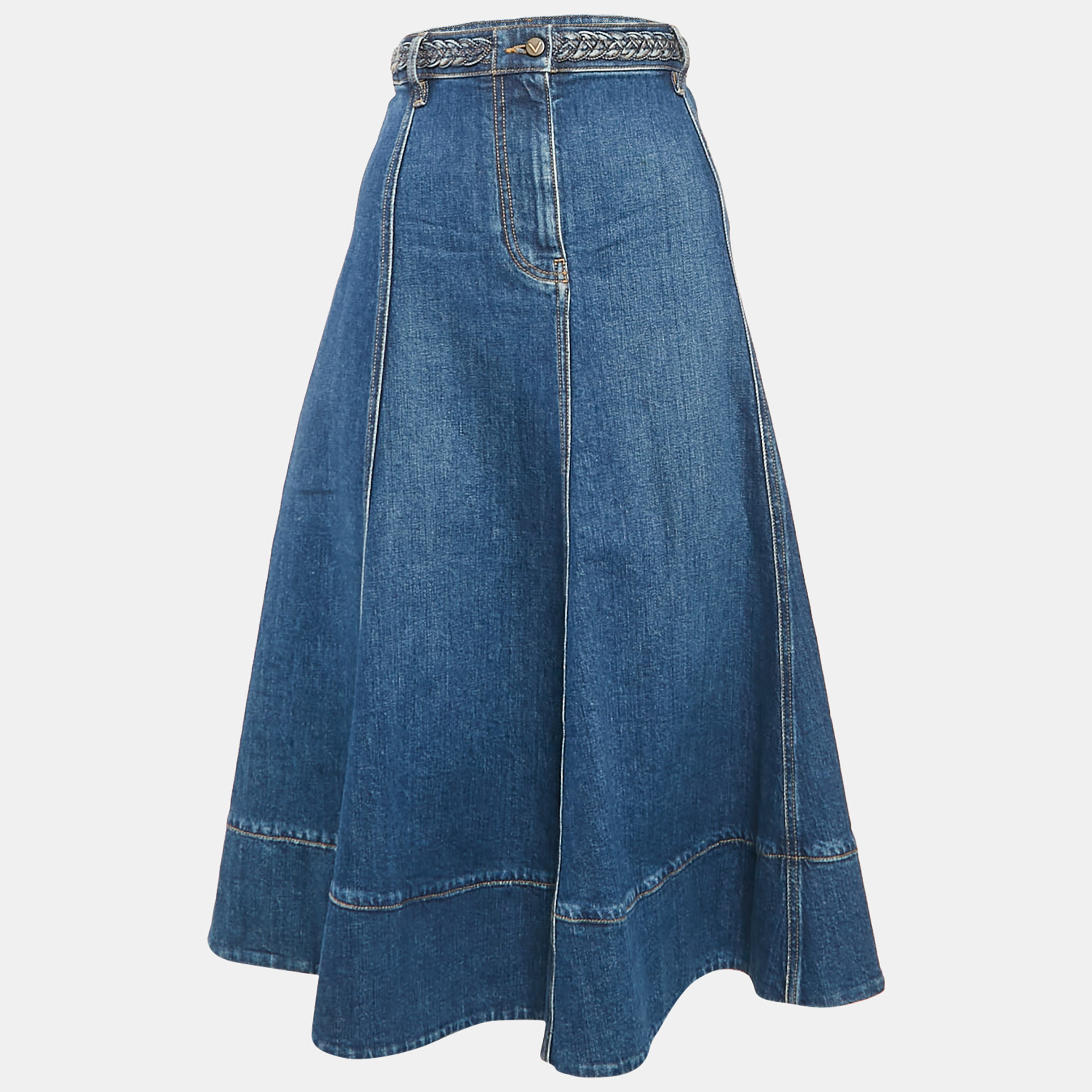 

Valentino Blue Denim Braid Detail Waist Midi Skirt S