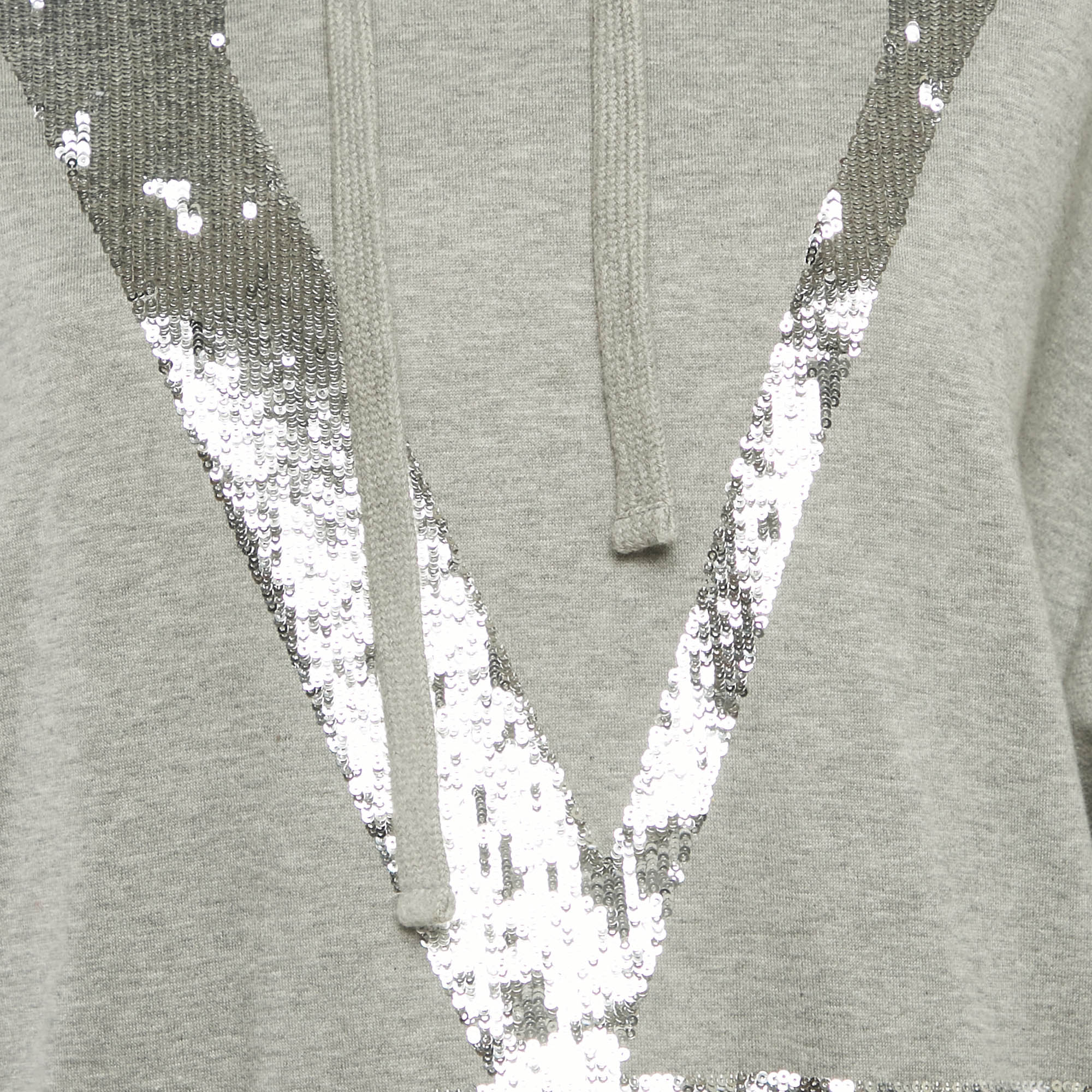 Valentino Grey Logo Sequin Cotton Knit Hooded Sweatshirt L 