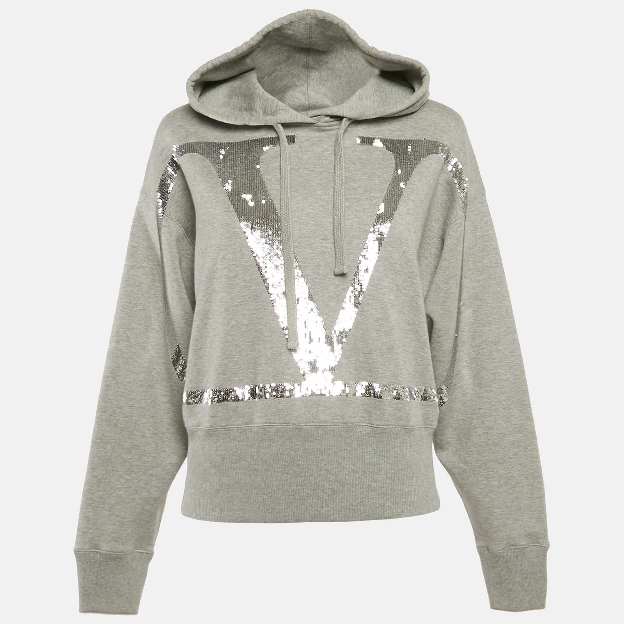 

Valentino Grey Logo Sequin Cotton Knit Hooded Sweatshirt L