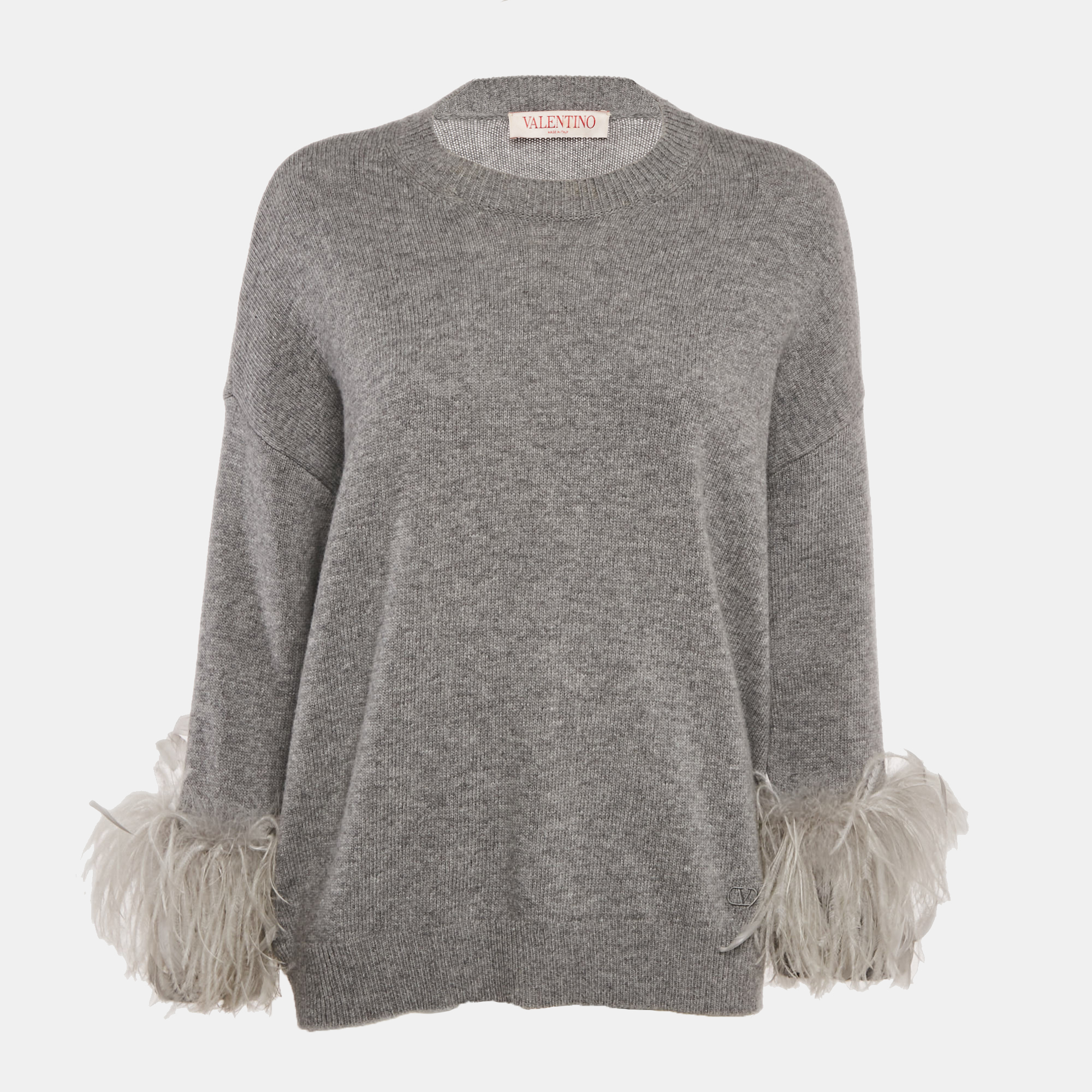 

Valentino Grey Wool Feather Detail Crew Neck Sweater XS