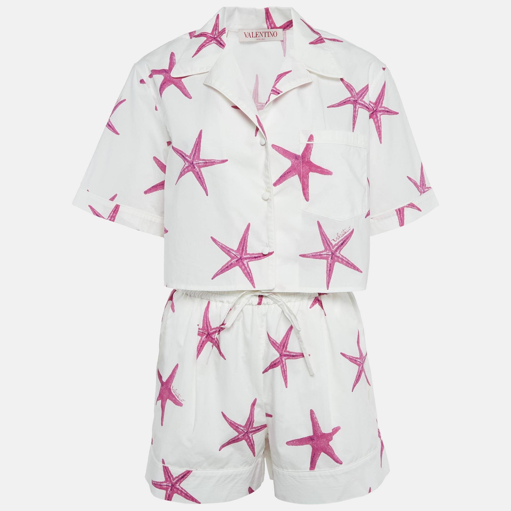 

Valentino White Star Fish Print Cotton Shirts and Shorts Set S