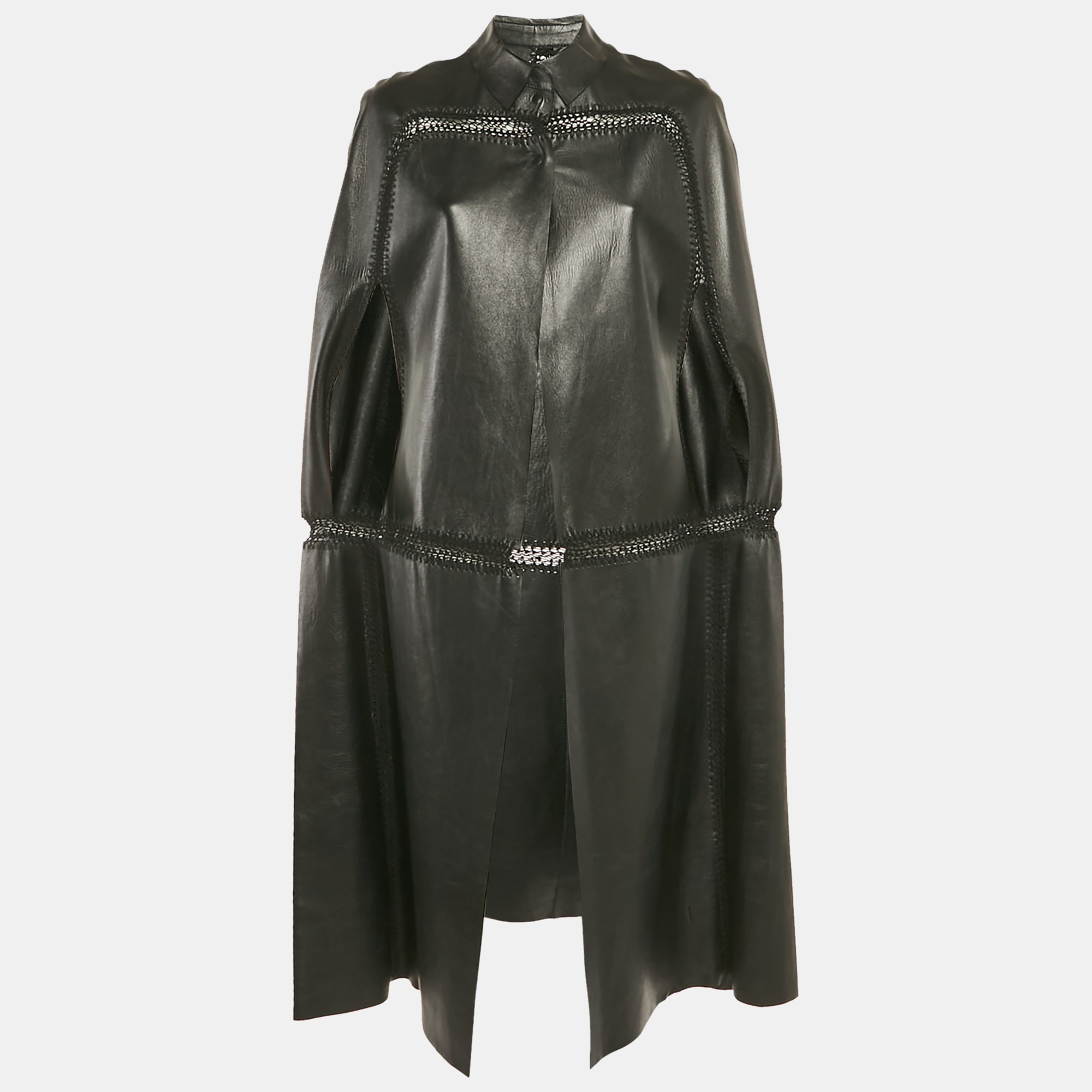 

Valentino Black Crochet Trim Leather Cape Coat M