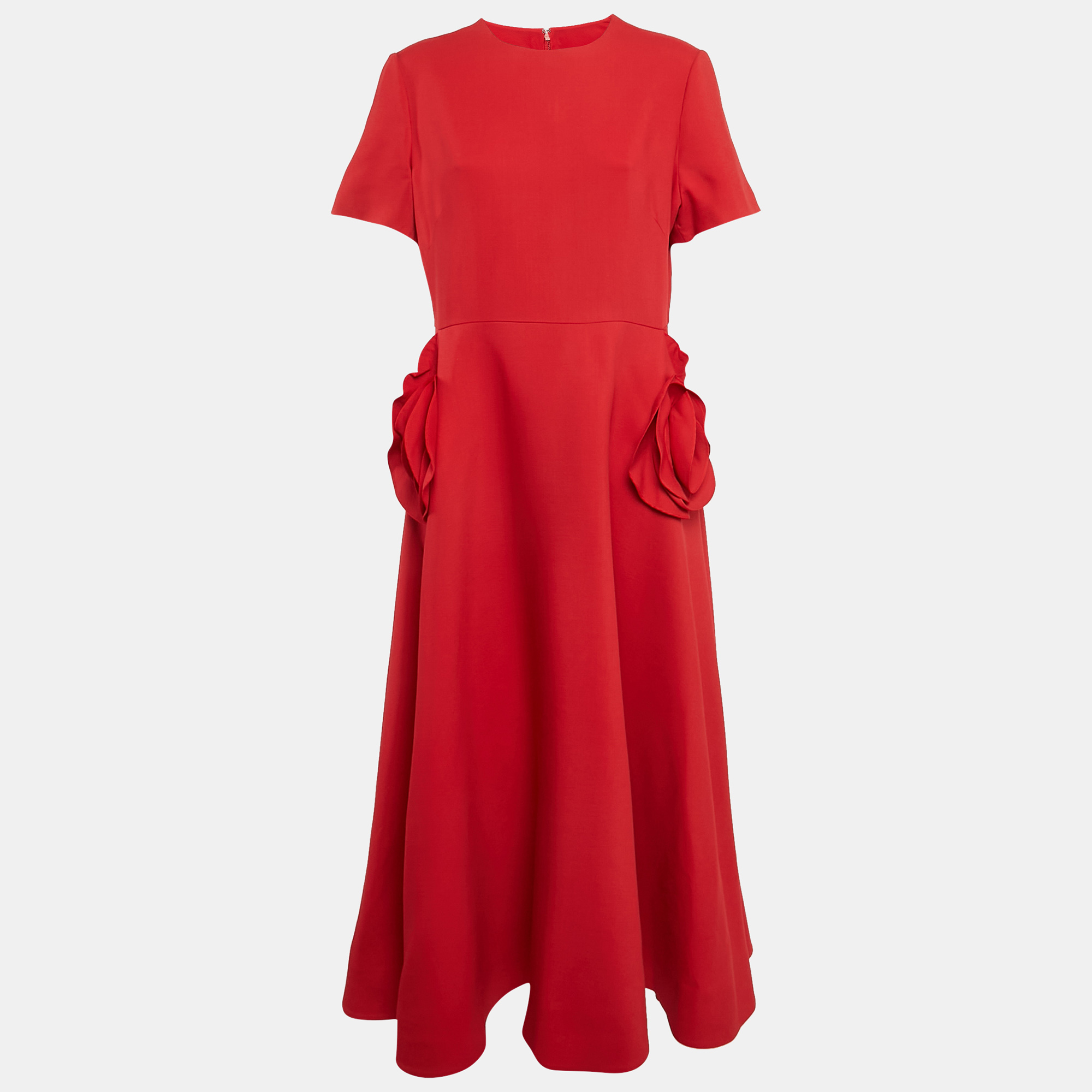 

Valentino Red Crepe Rose Applique Detail Midi Dress XXL