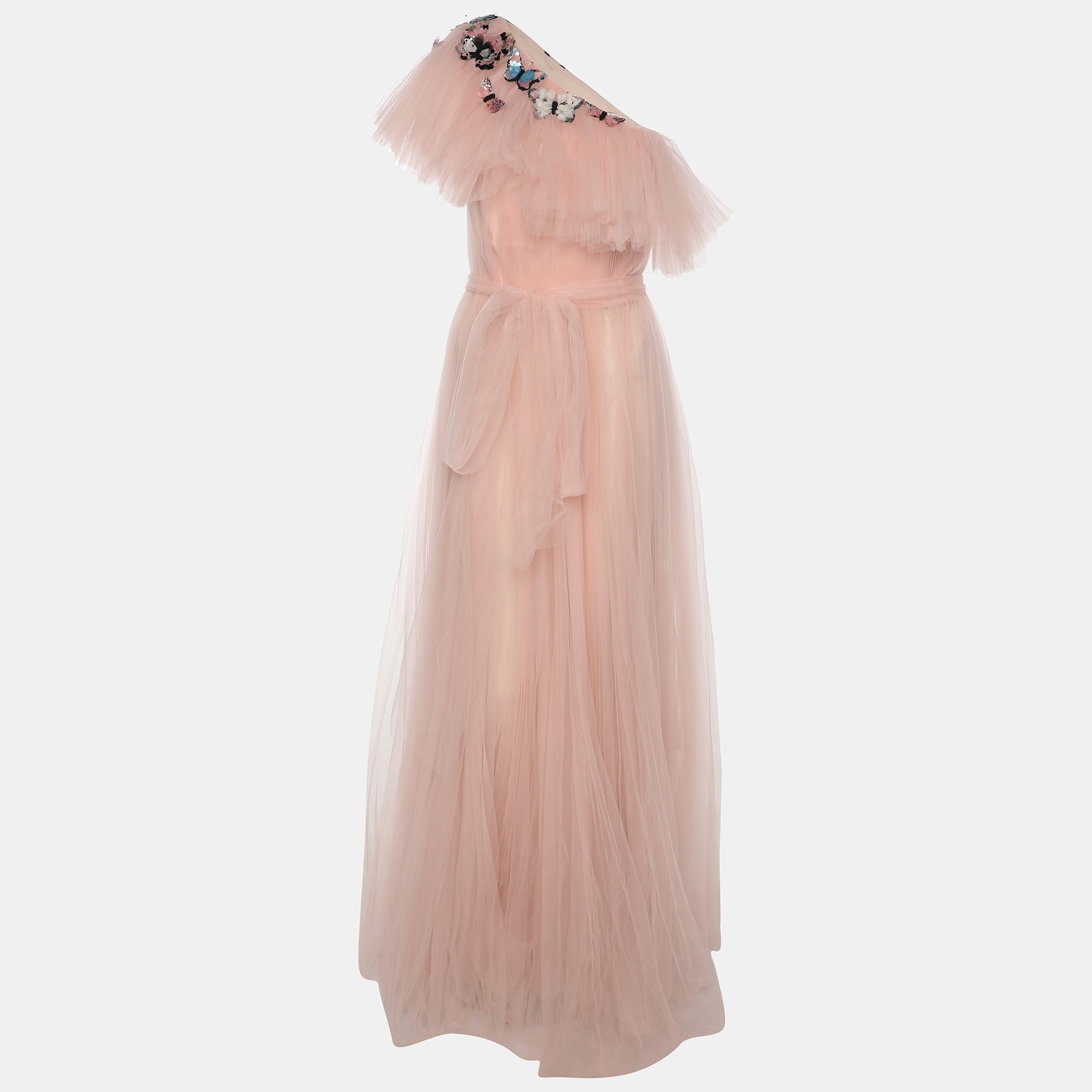 

Valentino Pink Tulle Embellished One shoulder Evening Dress L