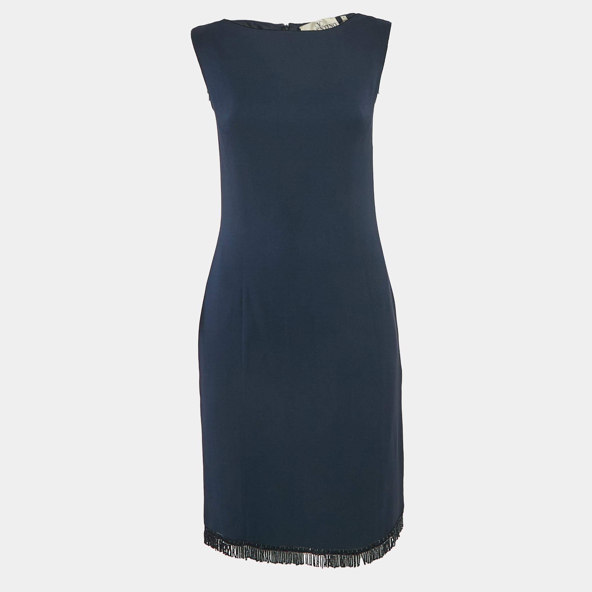 

Valentino Navy Blue Crepe Embellished Hem Sleeveless Mini Dress M