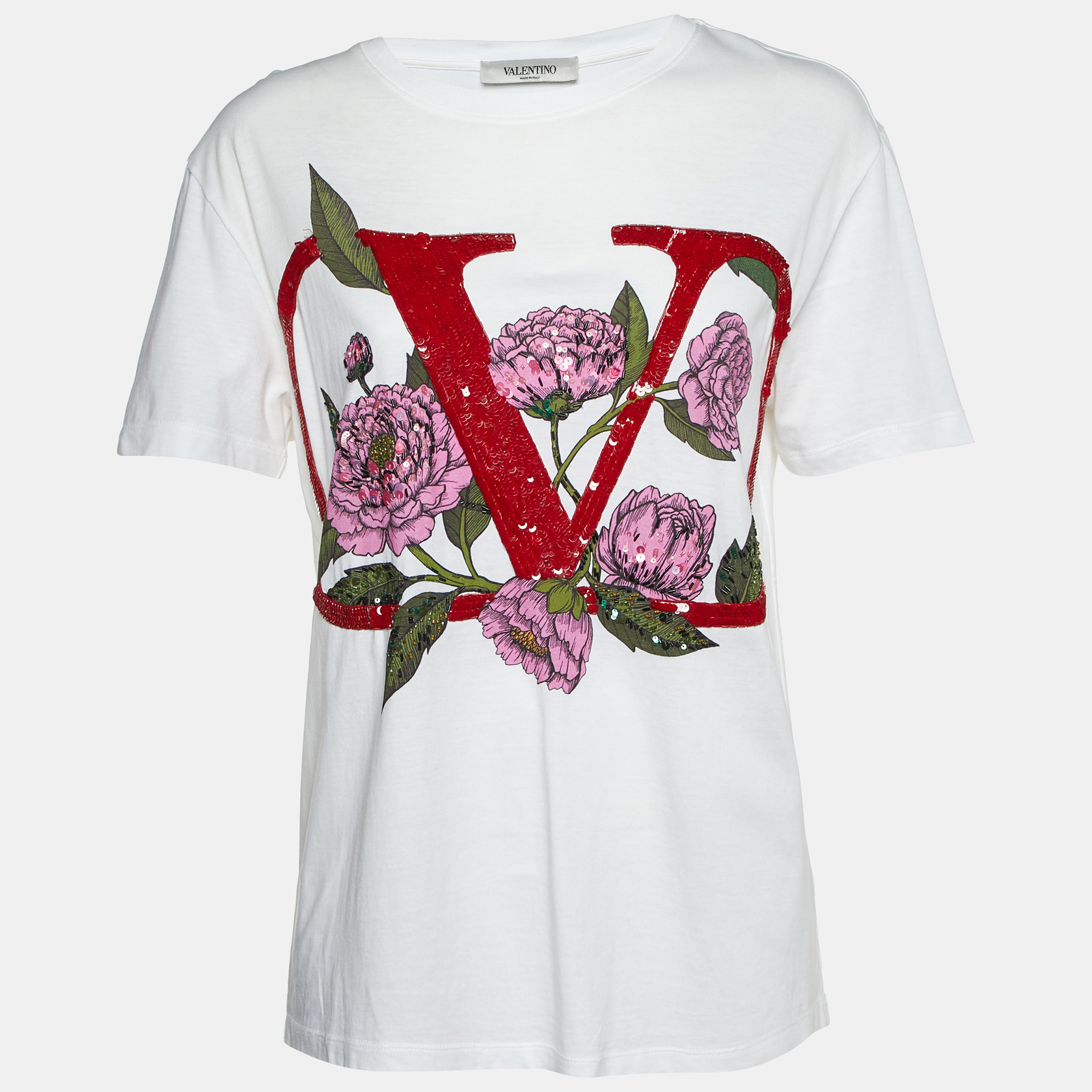 

Valentino White V-Logo Embellished Cotton Crew Neck T-Shirt M